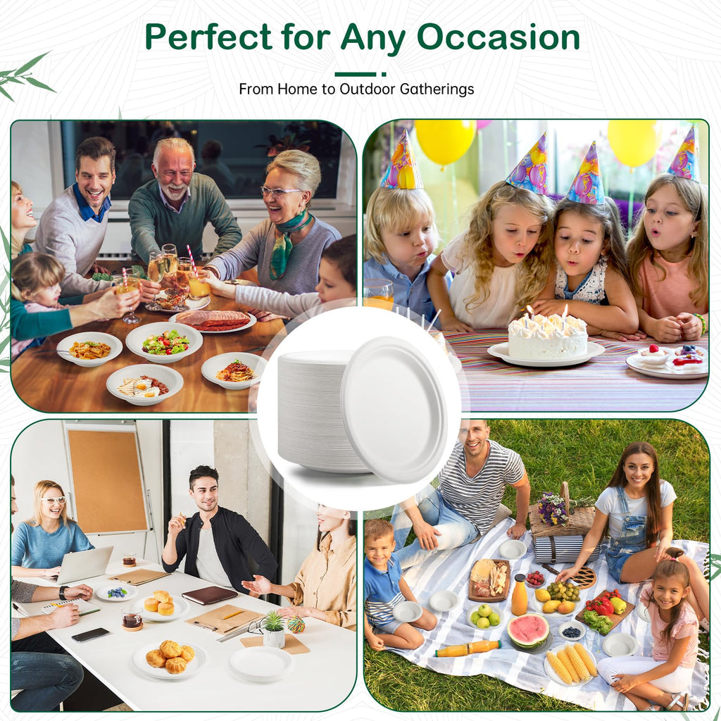 OasisSN 7 Inch 128 Pack Compostable Disposable Paper Plates, Heavy Duty Sugarcane Bagasse Plates, Biodegradable Eco-Friendly for Snacks & Parties, White