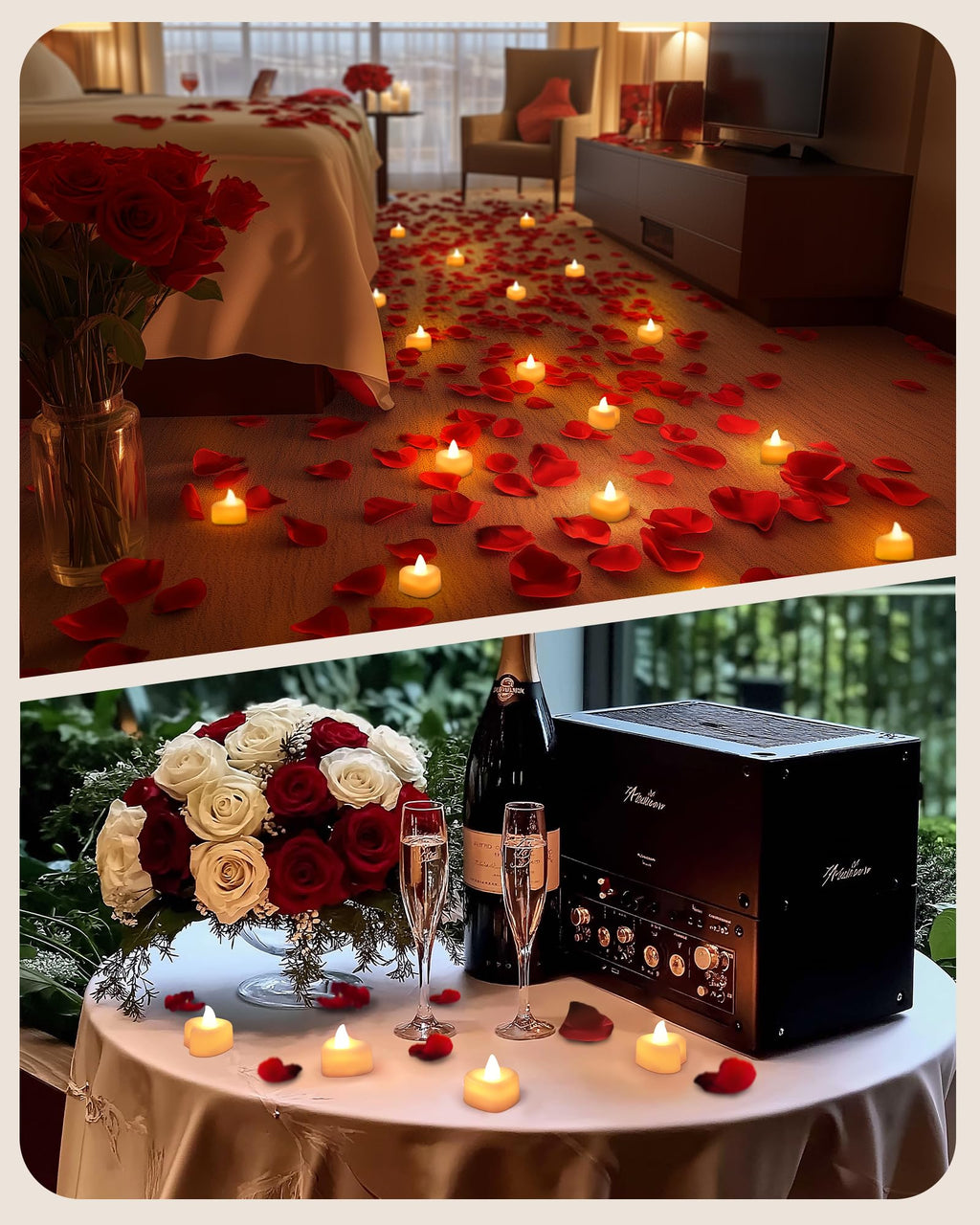 AMAGIC 24 Pack Heart White Tealights with 2000 Pas Red Black Artificial Petals, Battery Candle Flameless Tea Light, for Proposal, Valentine's Day, Wedding, Romantic Night Decor