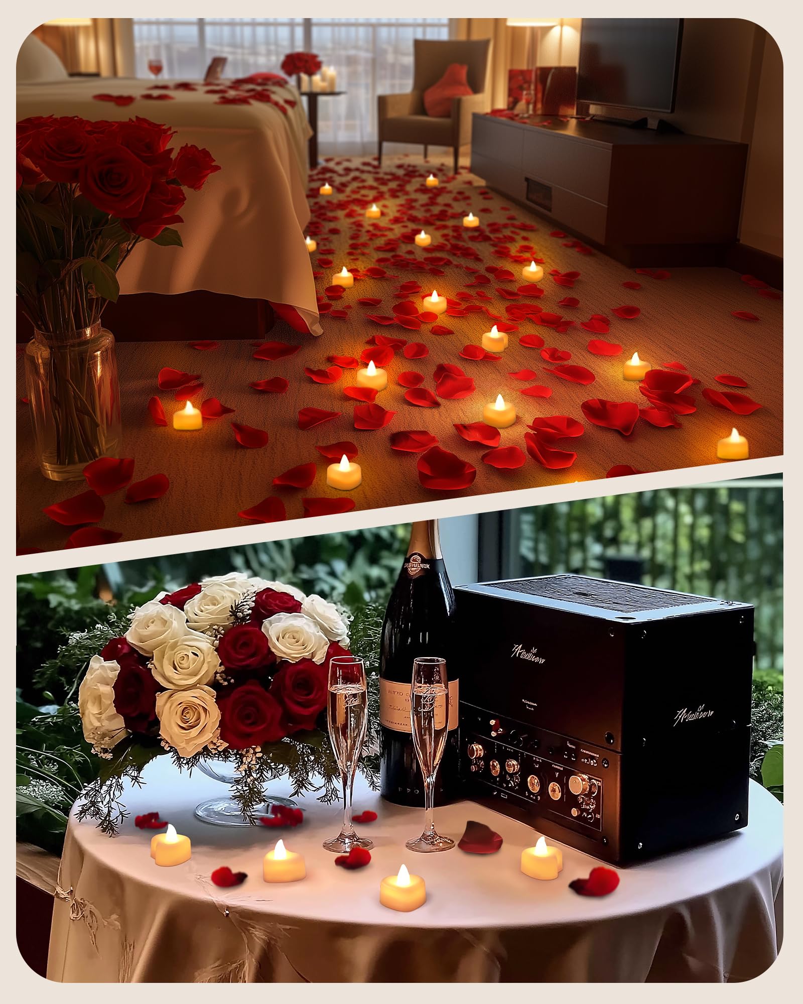 AMAGIC 24 Pack Heart White Tealights with 2000 Pas Red Black Artificial Petals, Battery Candle Flameless Tea Light, for Proposal, Valentine's Day, Wedding, Romantic Night Decor