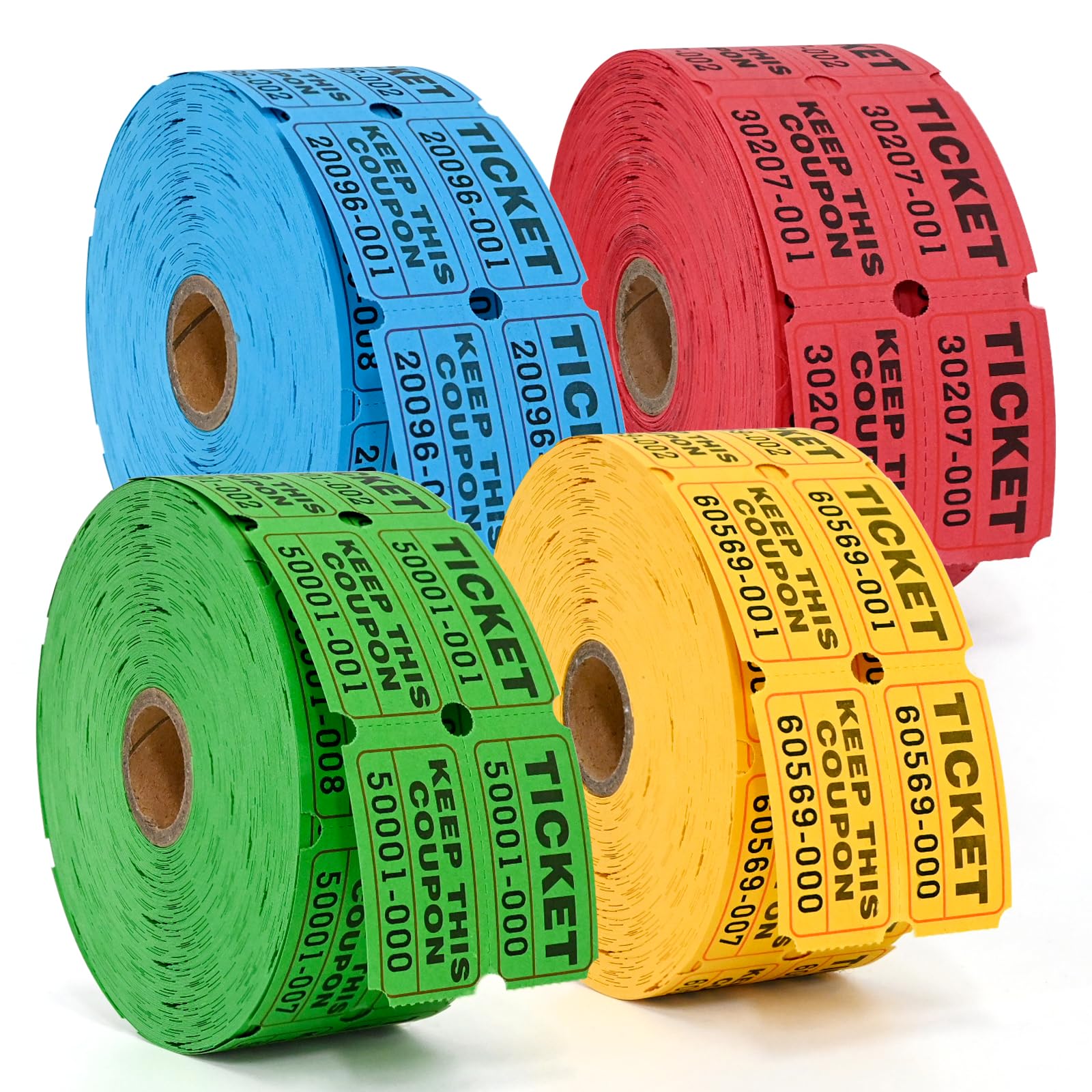 L LIKED 4000 Pairs Raffle Tickets with Consecutive Serial Numbers, 50/50 Raffle Tickets Double Roll for Events, Entry, Class Reward & Prizes (Blue+Red+Green+Yellow)