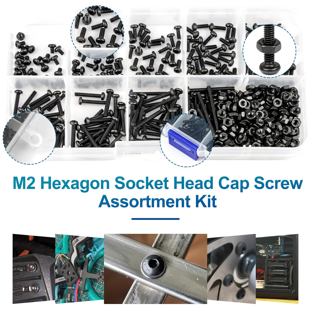 NINDEJIN M2 Button Head Hex Socket Cap Screws Bolts, M2 x 3/4/5/6/8/10/12/16/20mm Screw and Nuts Assortment Kit, 10.9 Carbon Steel Fully Machine Thread