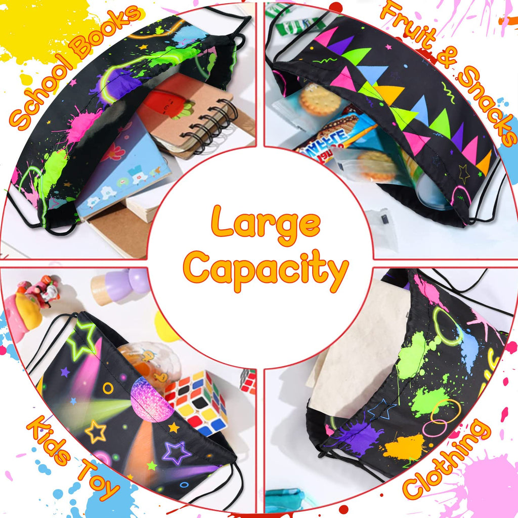 12 Pcs Neon Drawstring Gift Bags Glow Backpacks Goodie Bags Glow Party Supplies Favor Bags for Birthday Party Let’s Glow Party Decorations Glow in The Dark Party Supplies