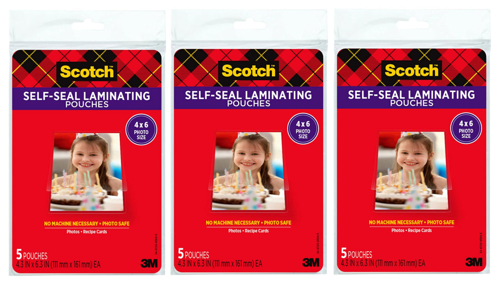 Scotch Self-Sealing Laminating Pouches, Glossy Finish, 4 3/8 x 6 3/8 Inches, 5 Pouches per pack, 3-PACK