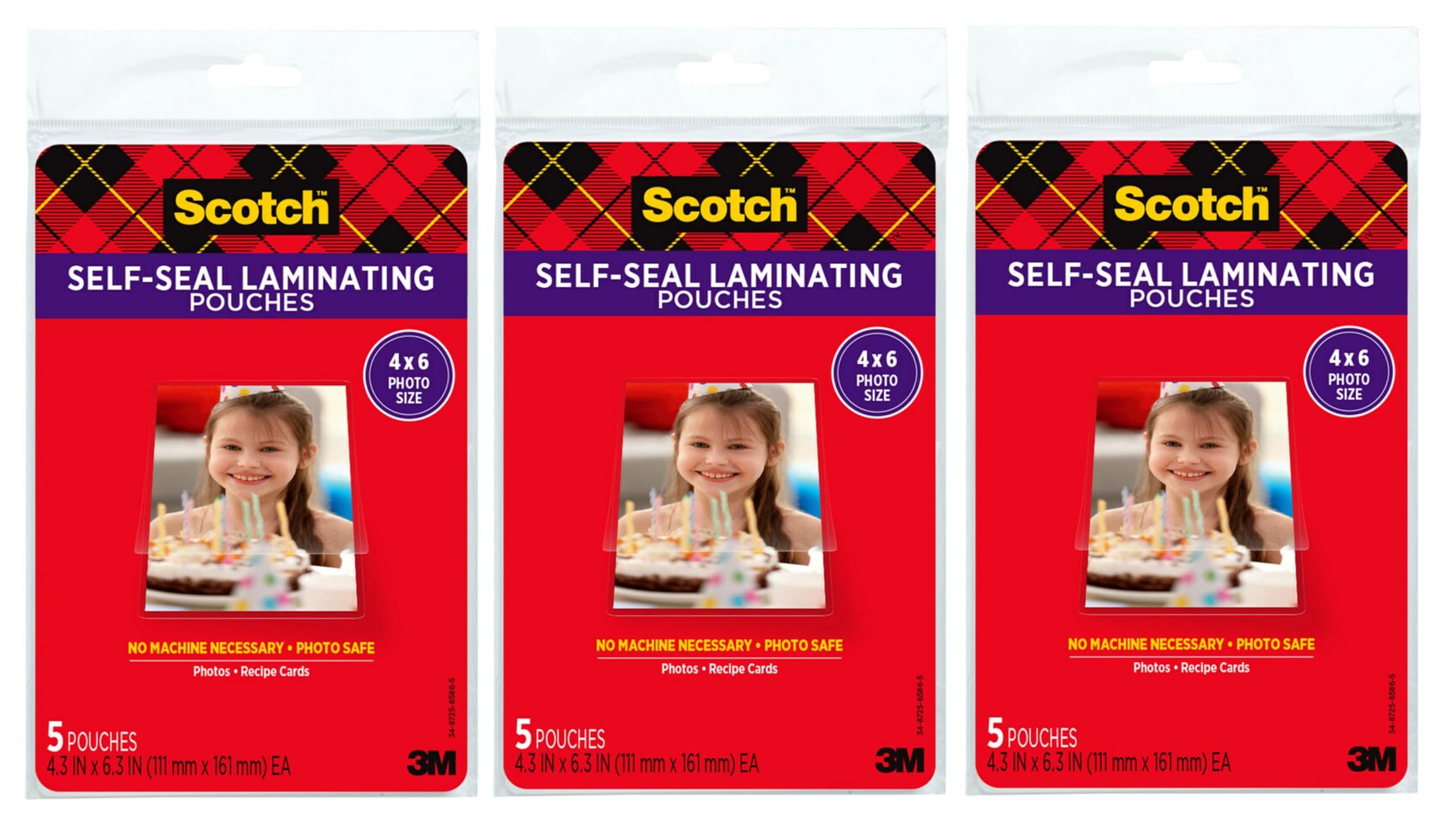 Scotch Self-Sealing Laminating Pouches, Glossy Finish, 4 3/8 x 6 3/8 Inches, 5 Pouches per pack, 3-PACK