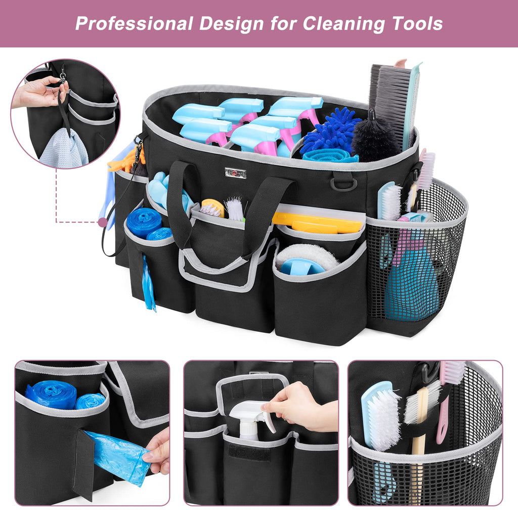 LoDird Cleaning Caddy Bag with 3 Compartments and Multifunctional Pockets, Cleaning Supplies Organizer for Cleaning Work with Handle and Shoulder Strap, Gray
