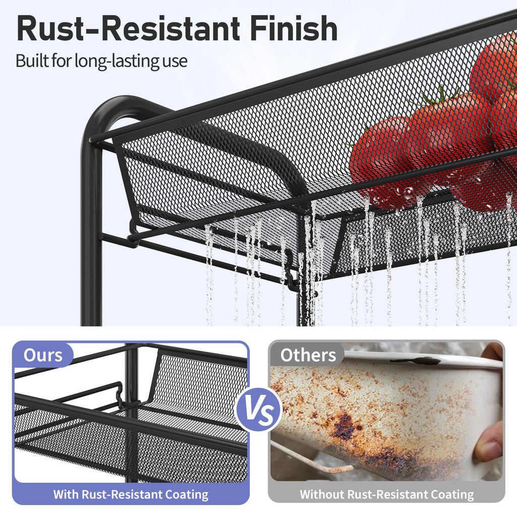 TOOLF 3-Tier Metal Rolling Cart, Mesh Wire Easy Assemble Utility Cart, Storage Trolley on Wheels with 3 Hooks, MetalStorage Shelving Units for Kitchen Bathroom Laundry Room