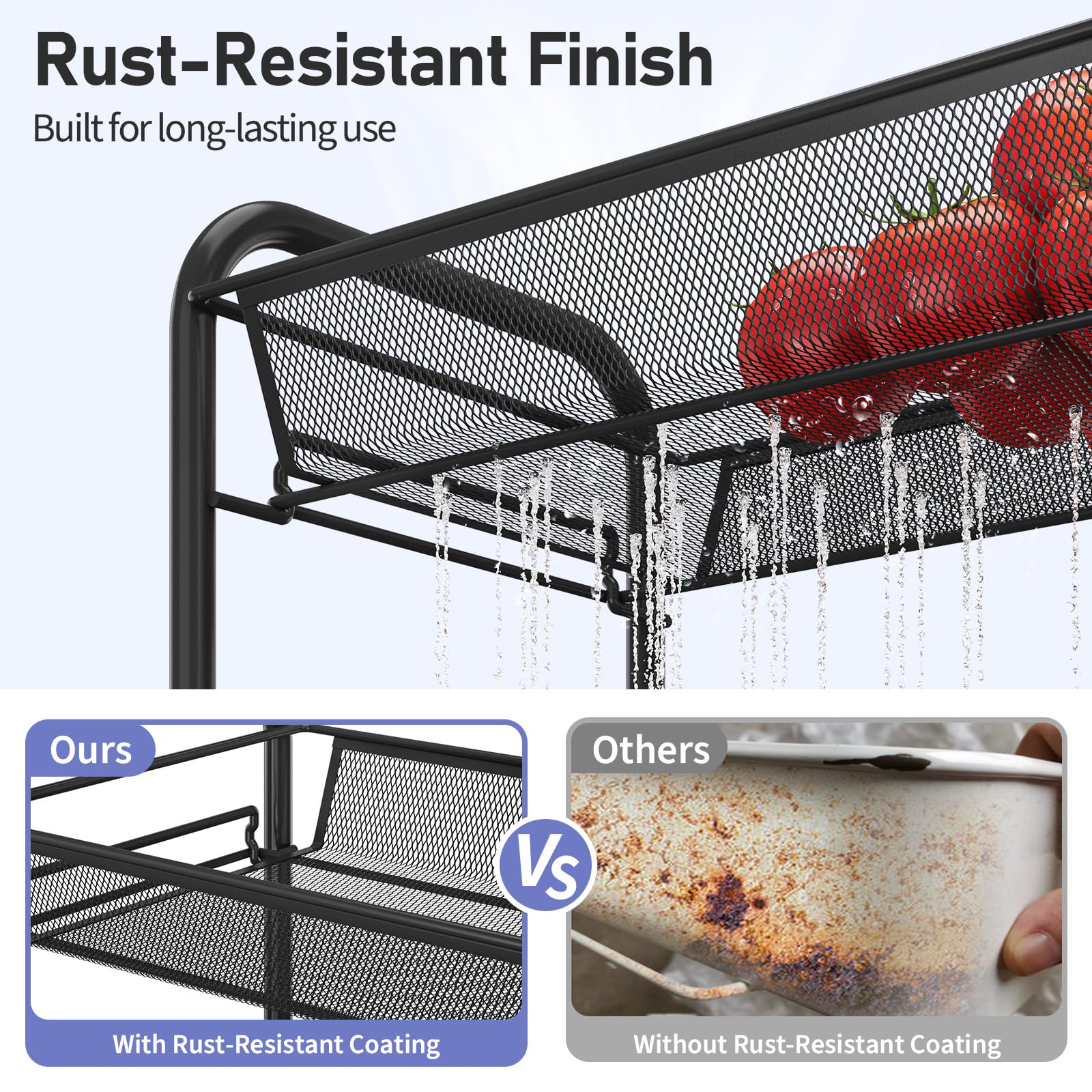 TOOLF 3-Tier Metal Rolling Cart, Mesh Wire Easy Assemble Utility Cart, Storage Trolley on Wheels with 3 Hooks, MetalStorage Shelving Units for Kitchen Bathroom Laundry Room