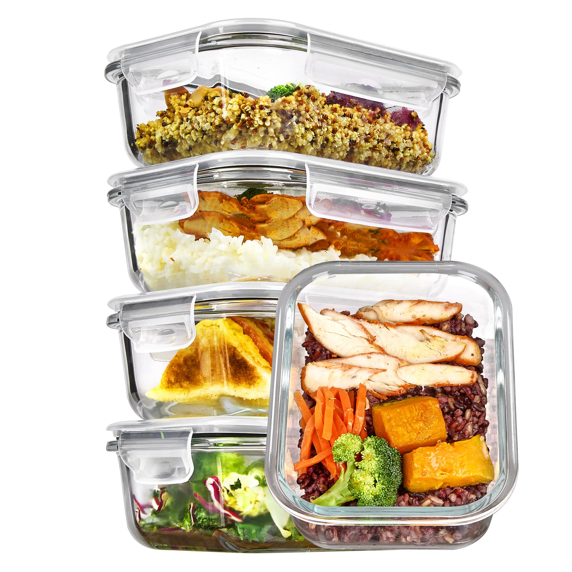 Vtopmart 5 Pack 22oz Glass Food Storage Containers with Lids, Meal Prep Containers, Airtight Lunch Bento Boxes with Snap Locking Lids for Microwave, Oven, Freezer and Dishwasher