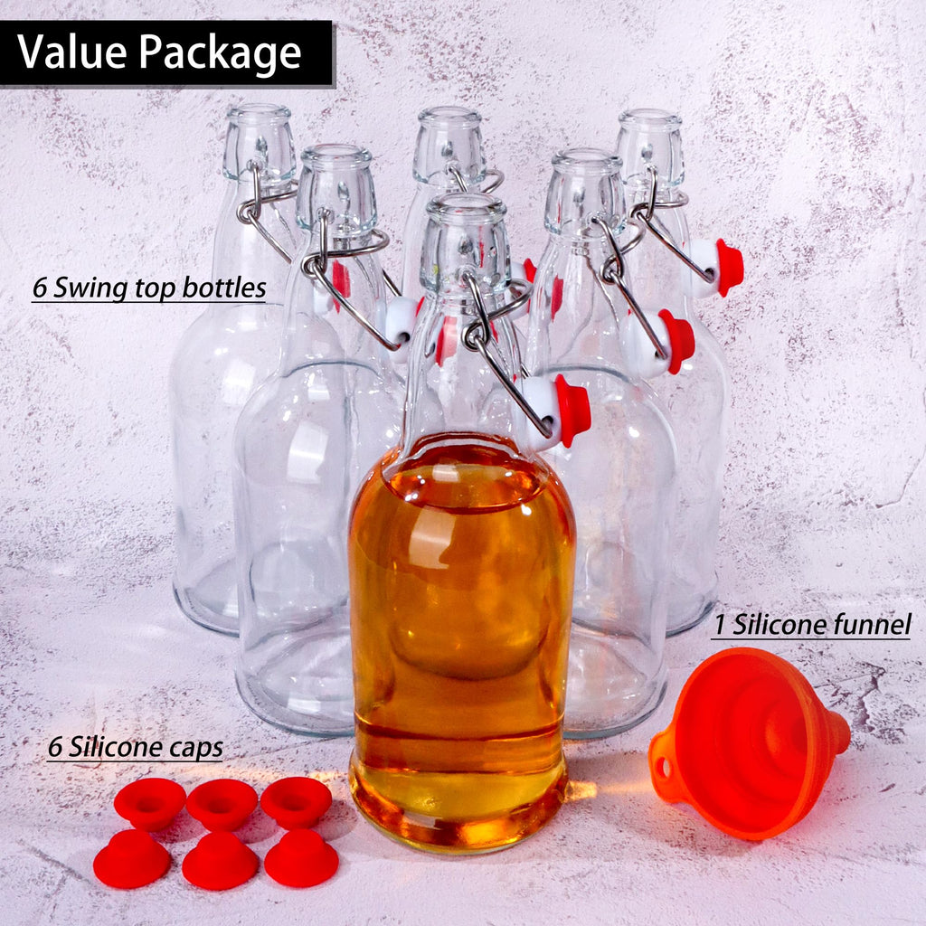 UrSpeedtekLive 6 Pack 16oz Swing Top Glass Bottles, 500ML Glass Brewing Bottles with Airtight Stoppers for Beer, Kombucha, Kefir, Vanilla Extract(Bonus Gaskets and Funnel)