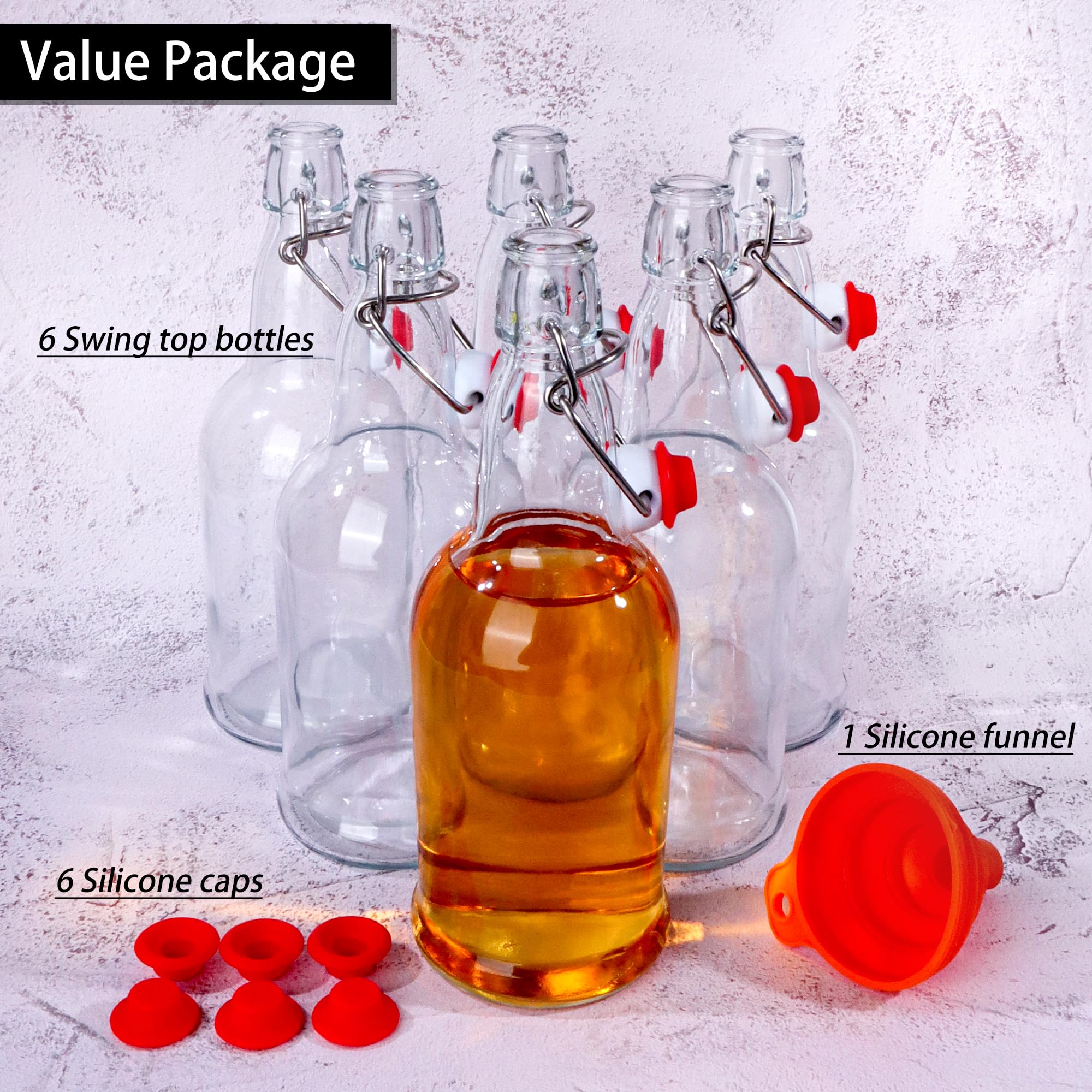 UrSpeedtekLive 6 Pack 16oz Swing Top Glass Bottles, 500ML Glass Brewing Bottles with Airtight Stoppers for Beer, Kombucha, Kefir, Vanilla Extract(Bonus Gaskets and Funnel)