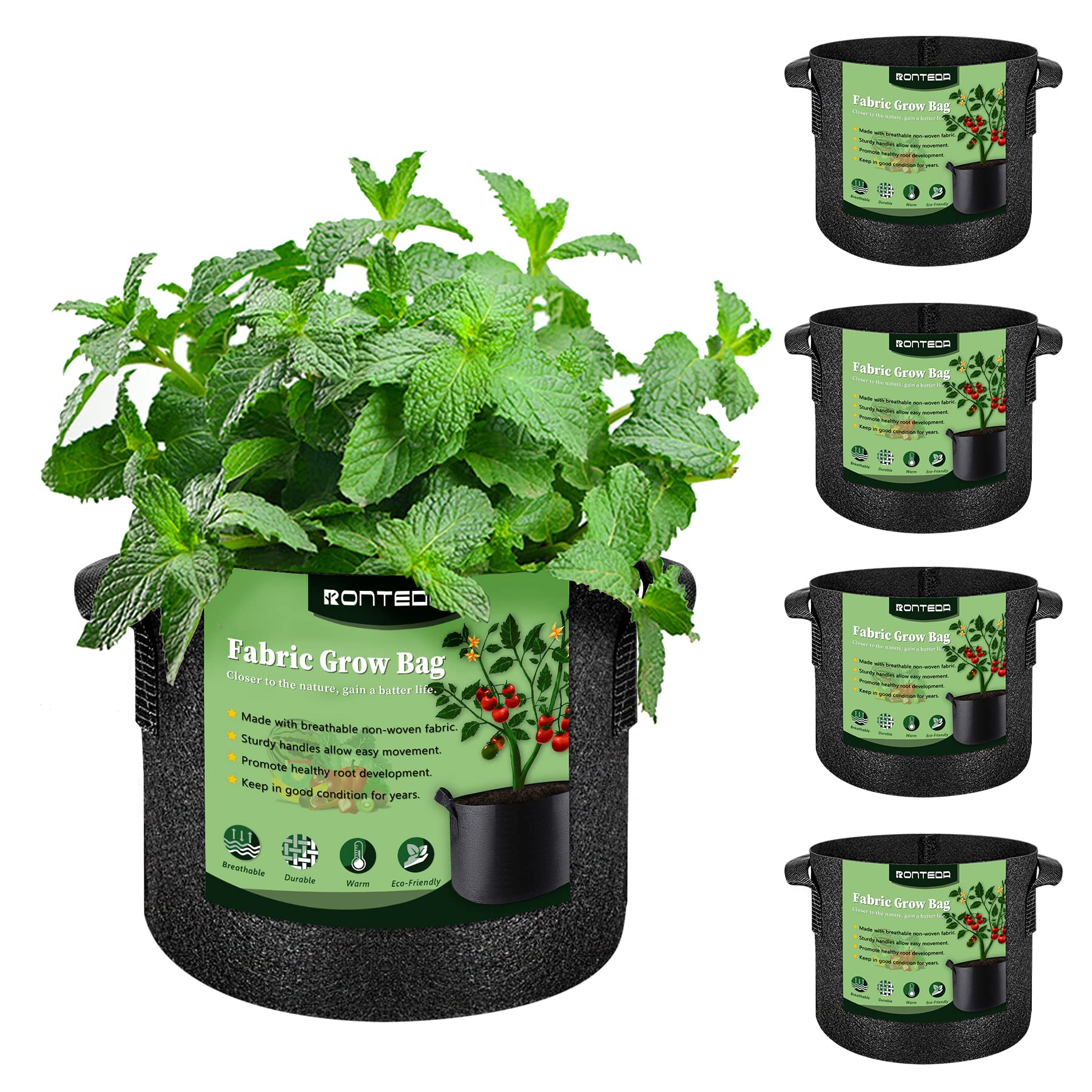 RONTEDA 5-Pack 10 Gallon Grow Bags - 10 Gal Fabric Pots Cloth Pots Heavy Duty Nonwoven Plant Bag with Handles for Vegetable Tomato Potato Fruit Flower Garden Planting (Black)