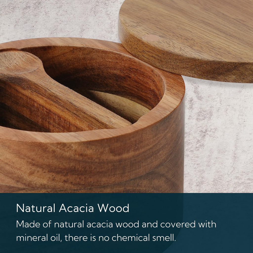 KITCHENDAO Salt and Pepper Bowl, Acacia Wood Salt Cellar with Magnetic Swivel Lid and Spoon, Spice Container with 2 Compartments for Storing Salt, Pepper, Spices, Dual 5OZ Capacity