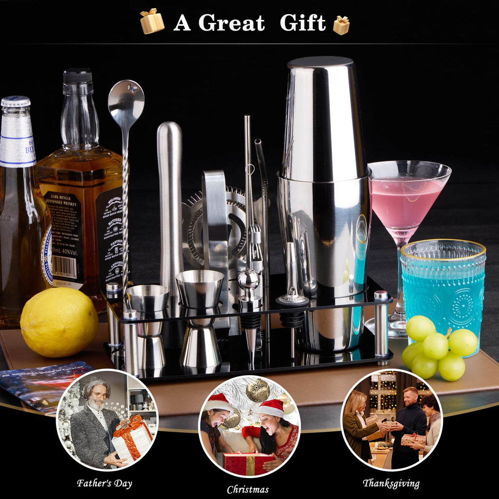 Wukuna 15-Piece Silver Bartender Kit: Premium Stainless Steel Bar Tool Set with Acrylic Stand & Recipe Book, for Home, Lounge & Party