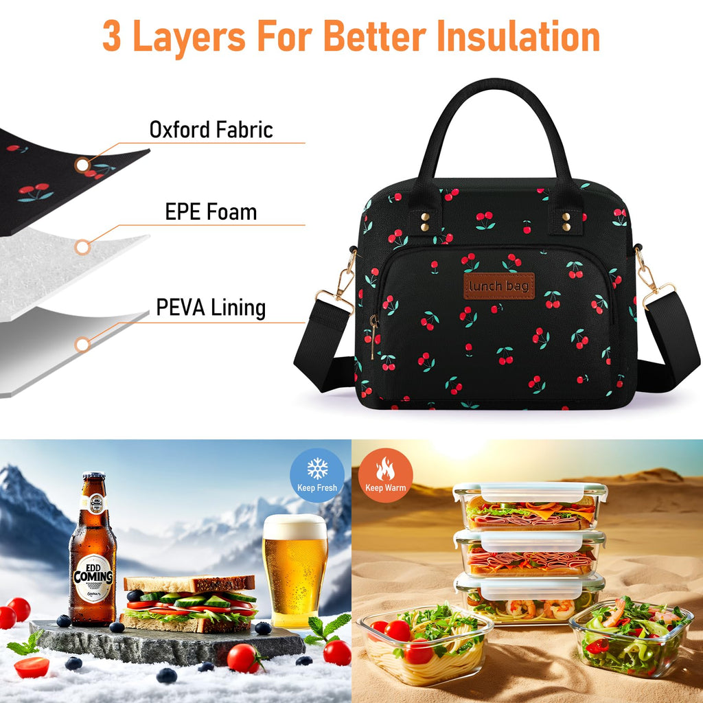 Lunch Bag Large Insulated Lunch Box for Women Men Adult Cute Lunchbox Cooler Bag Reusable Lunch Pail with Adjustable Shoulder Strap for Work Picnic Office Travel 11.4×6.8×9.1 inches 11.5L