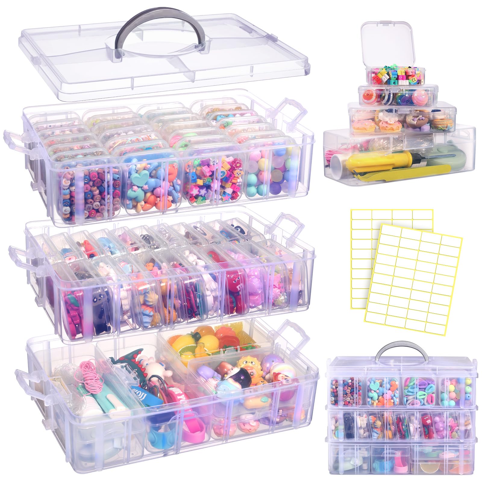 Funtopia 59 Pack Craft Storage Organizer, 3-Tier Stackable Clear Plastic Storage Box Set with 56 Pcs 4-Size Small Bead Organizers, Ideal for Crafts, Jewelry and Small Parts