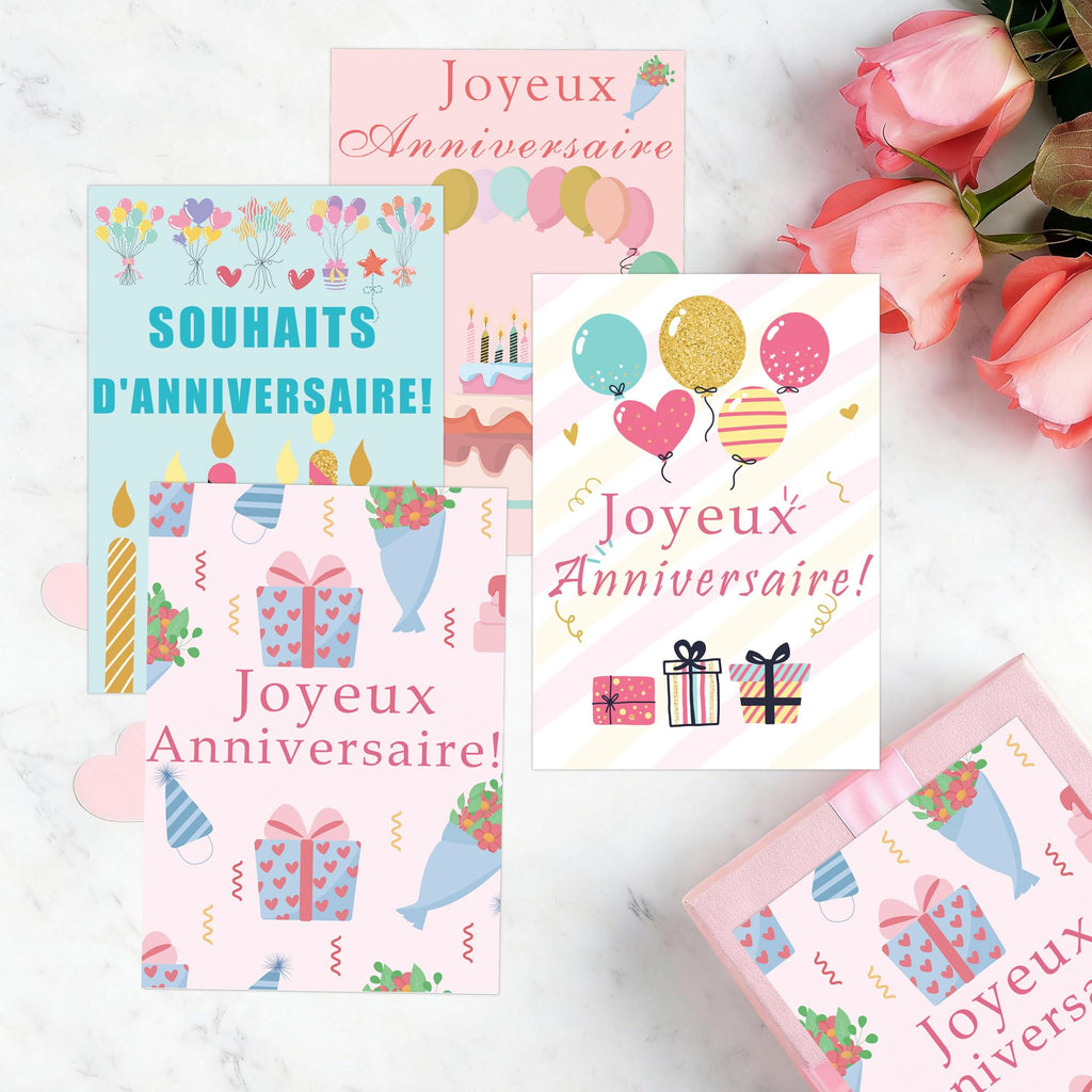 French Birthday Cards with Envelopes 4x6 Inch Watercolor Birthday Thank You Cards 24 Pack Bulk Birthday Card Joyeux anniversaire Greeting Cards for Birthday Party Holiday Baby Shower, Christmas