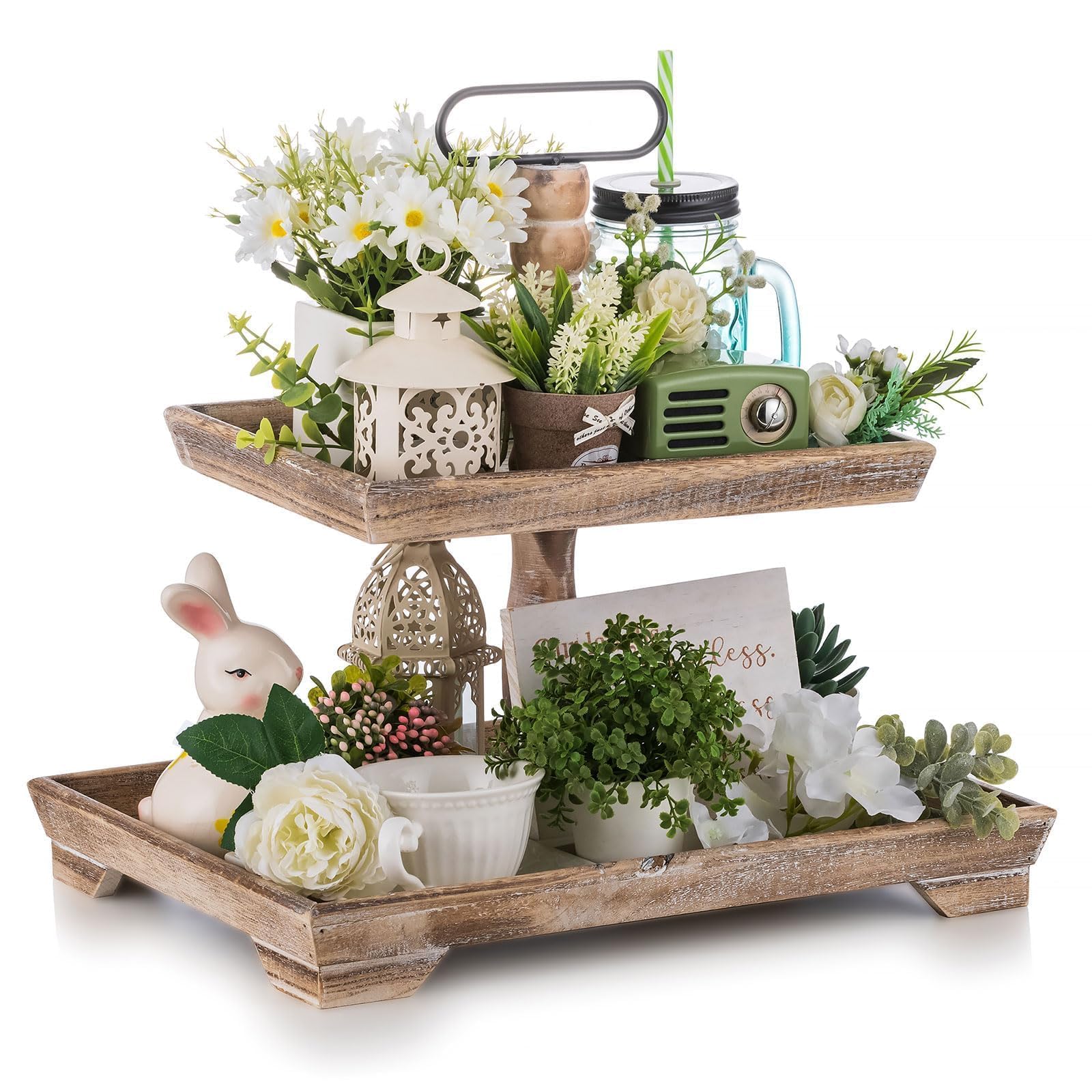 Hanobe Farmhouse Tiered Tray Stand: 2 Tier Easter Serving Trays - Coffee Table Decor Two Rectangle Wood for Kitchen Counter