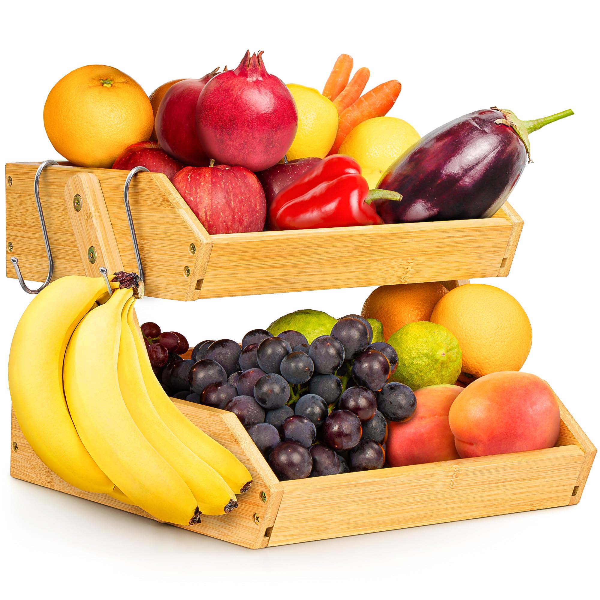 Golden Nature - Fruit Basket w/ Banana Hanger - 2-Tier Bamboo Fruit & Vegetable Storage Organizer for Kitchen Counter - Lightweight & Easy Assembly Countertop Fruit Stand Holder Bowl w/ Screws