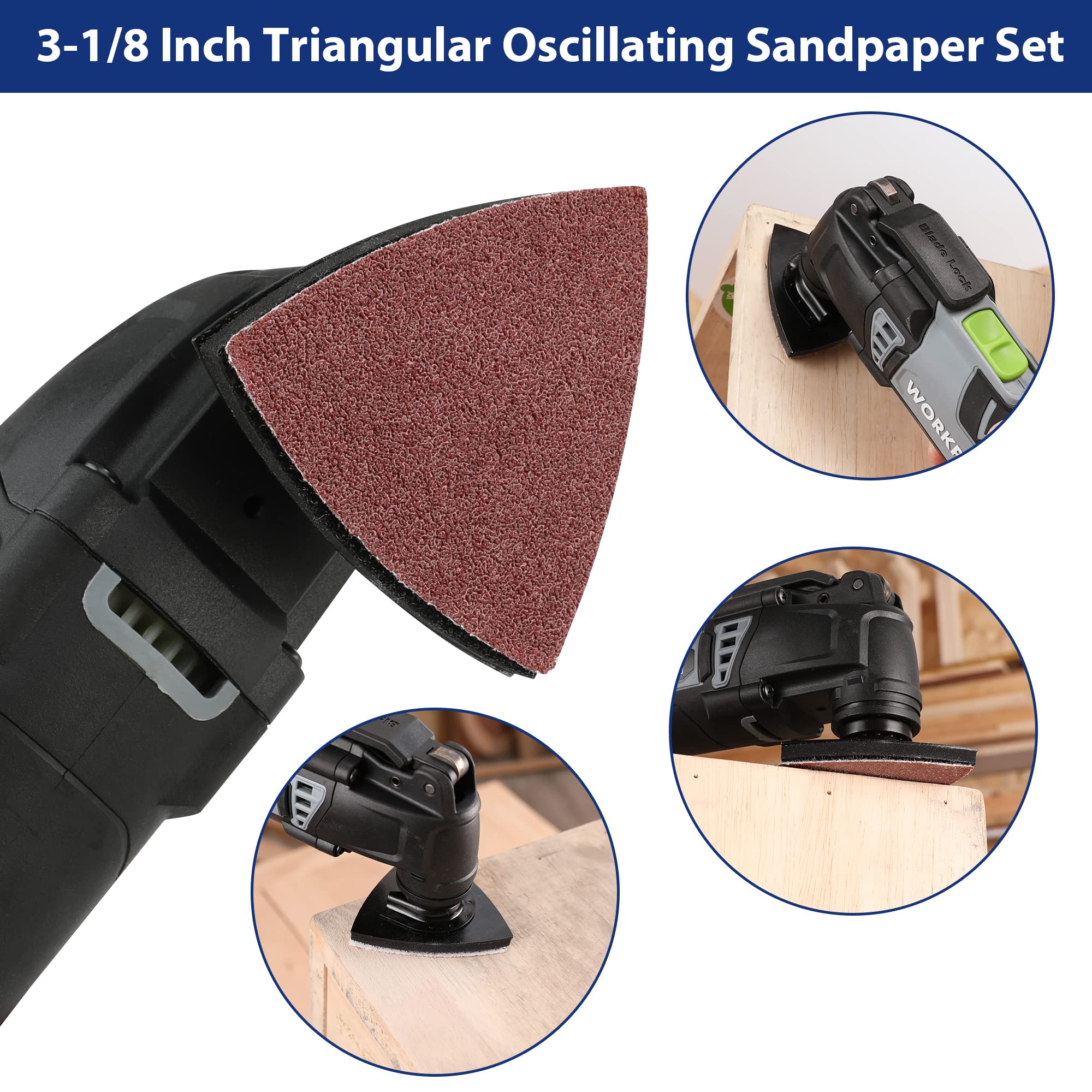 WORKPRO 150PCS Triangle Sanding Pads, 3-1/8 Inch Hook and Loop Fit for Oscillating Multi Tool, 40/60/80/120/180/240 Grit for Sanding, Grinding