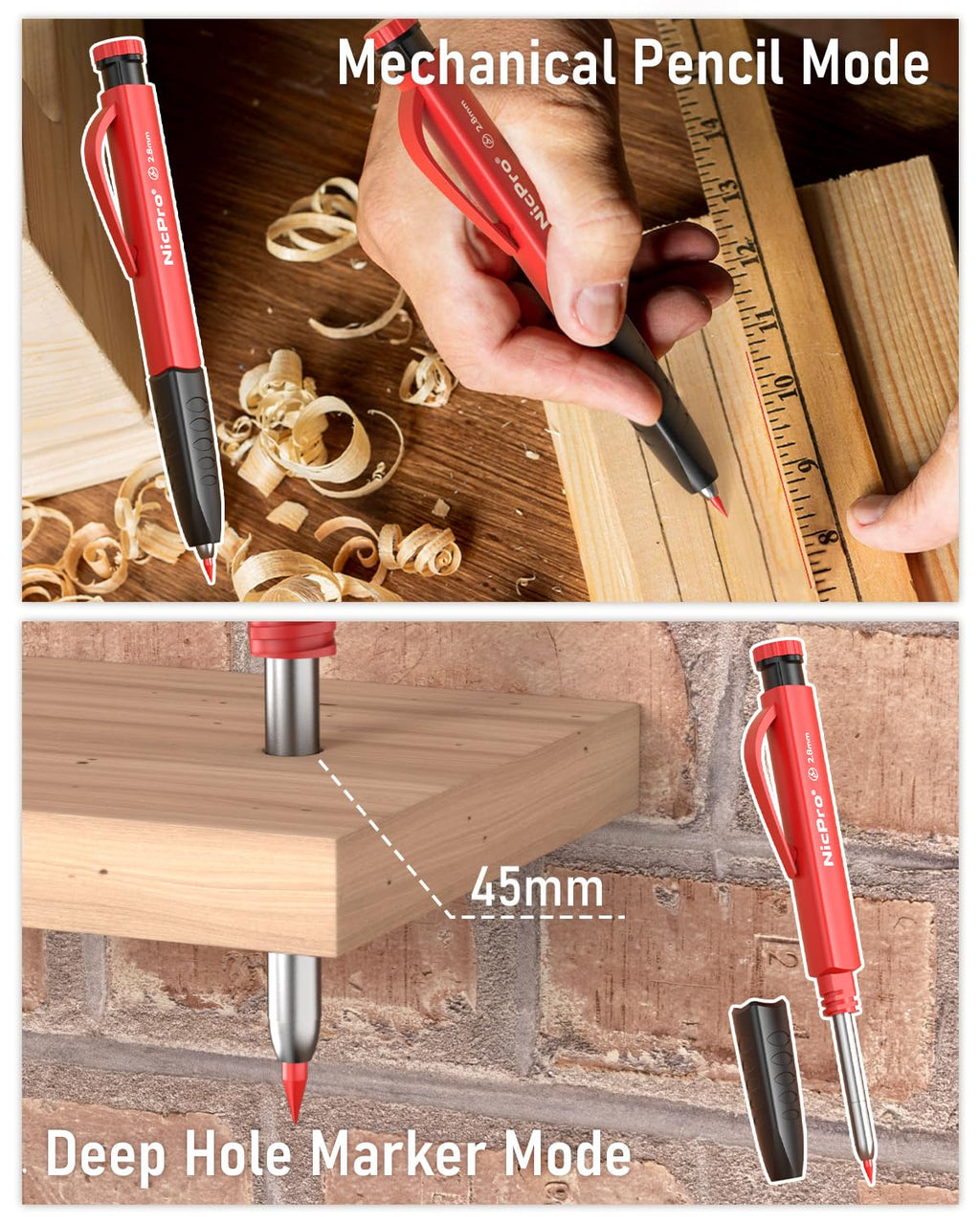 Nicpro 2 Pack Carpenter Pencil Set with Sharpener & Finger Grip, Mechanical Woodworking Pencils with 26 Refills (Red, Black, Yellow), Deep Hole Marker Heavy Duty Construction Pencils - With Case