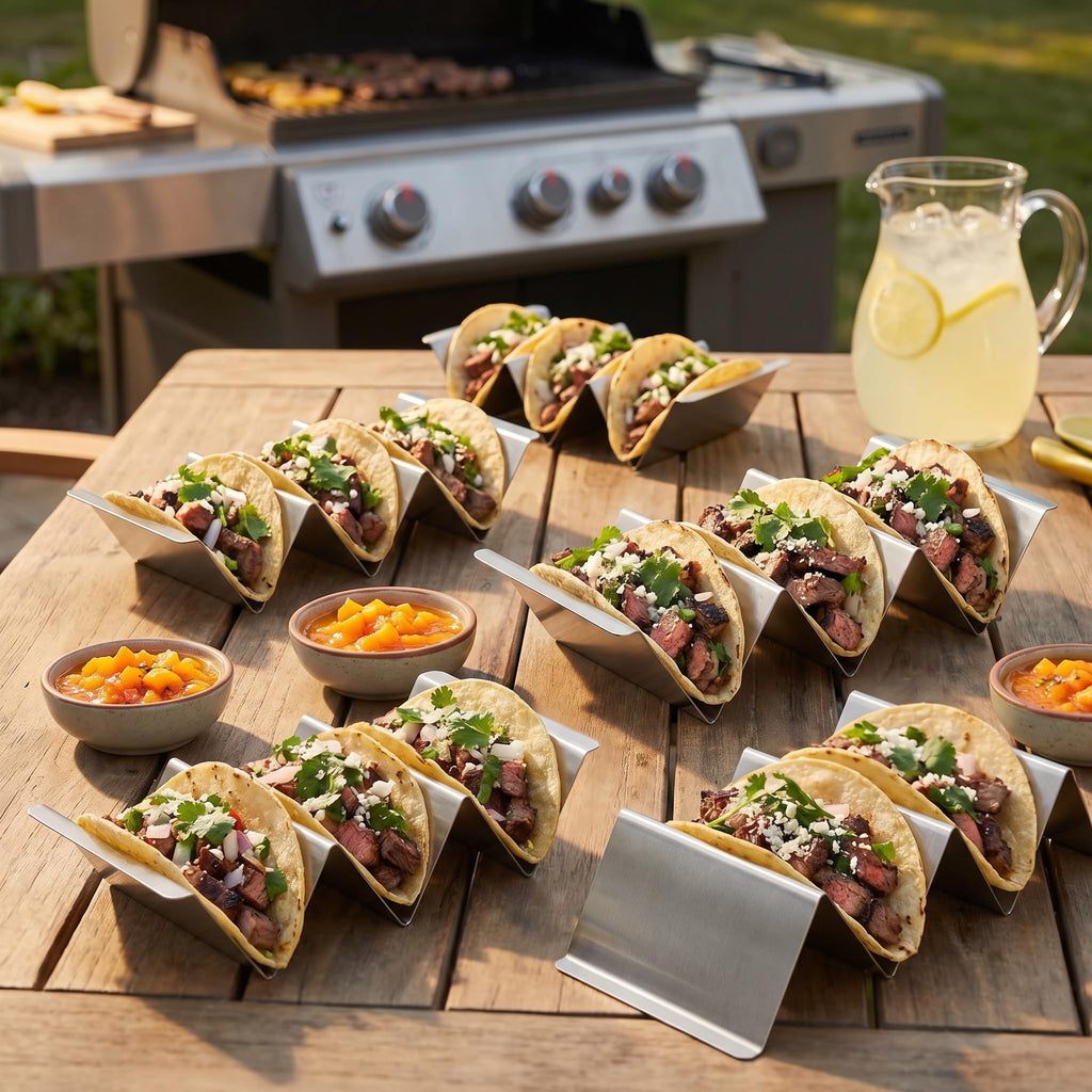 Bekith Stainless Steel Taco Holder Stand 6 Pack, Taco Holder Stand Tray with Handles, Up to 3 Tacos Each Keeping Shells Upright, Stylish Taco Shell Holders, Oven, Grill and Dishwasher Safe