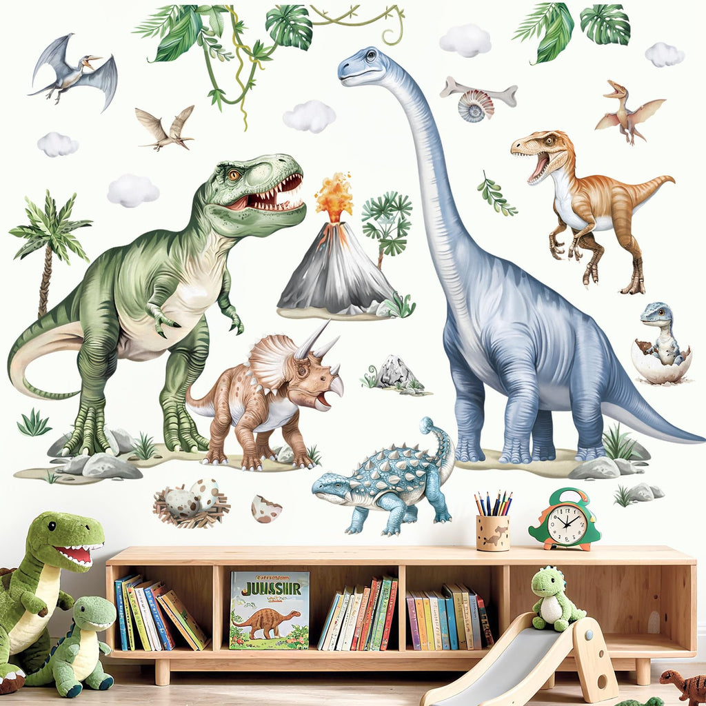 wondever Large Dinosaur Wall Stickers Watercolor Tropical Animals Dino Plants Volcano Wall Art Decals for Boys Room Baby Nursery Kids Bedroom