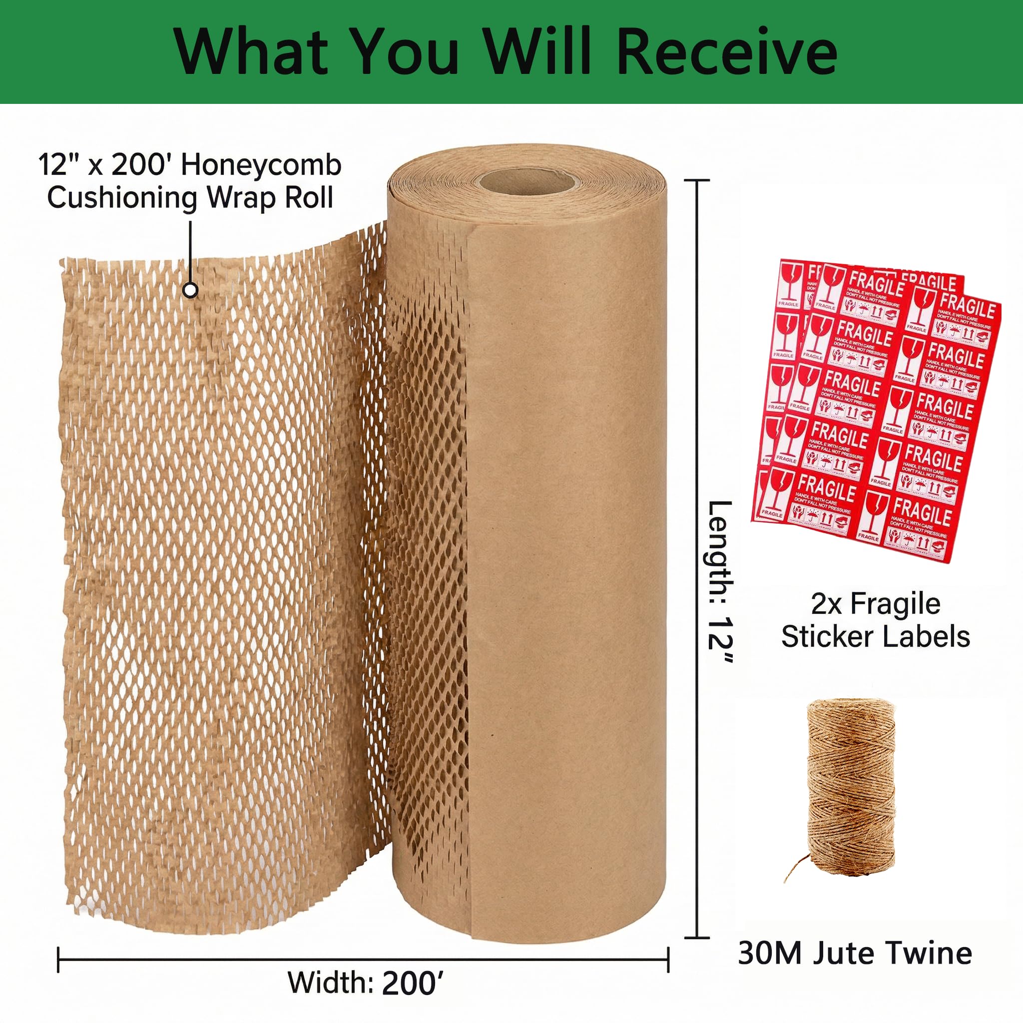 Honeycomb Packing Paper 12”x200’, Bubble Cushioning Wrap for Packing Moving,Products & Gifts Wrapping Paper, Recyclable and Biodegradable Shipping Packing Materials