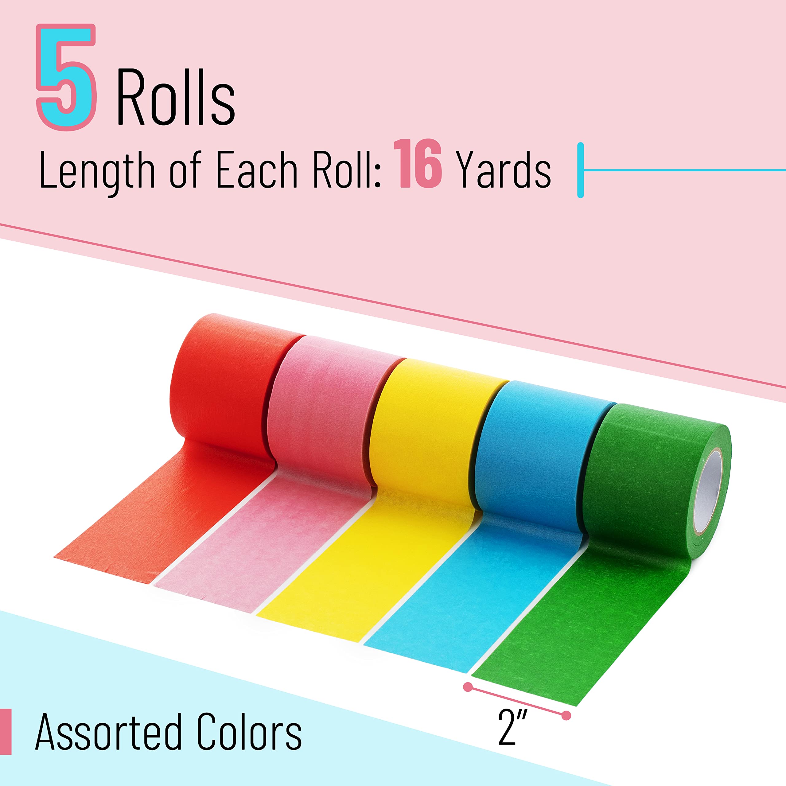 Mr. Pen- Colored Masking Tape, 16 Yards Per Roll, 2 Inch Wide, 5 Rolls, Painters Paper, Craft, Art, Labeling, Colorful