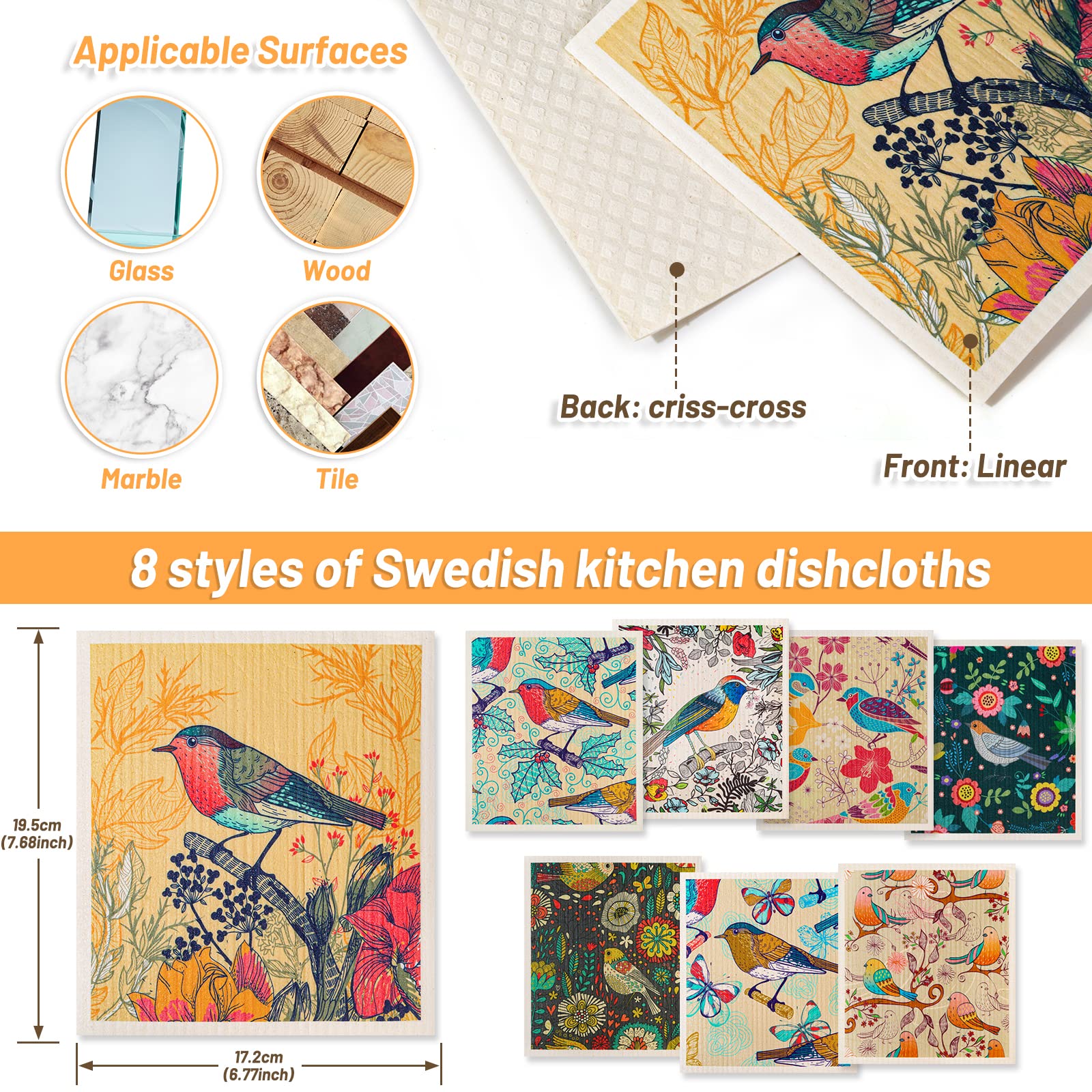 Lucomb 8 Pack Swedish Dishcloths for Kitchen, Reusable Soft Kitchen Towels Swedish Dish Cloths Set Absorbent Sponge Cleaning Cloths Washable Quick Drying for Kitchen Bar Hand Washing (Birds Flowers)