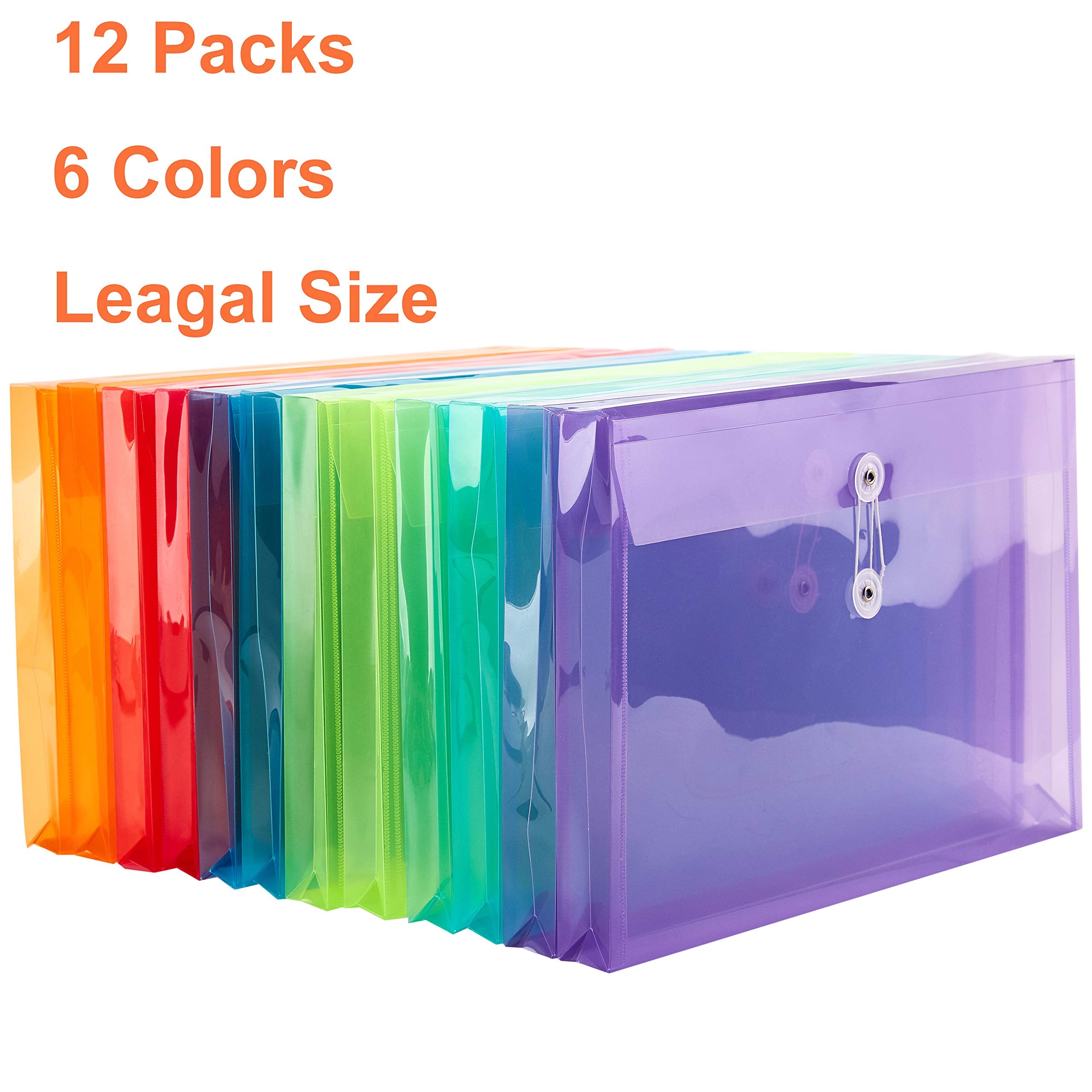 FANWU Plastic Legal Size Envelopes with String Tie Closure, 1-1/4" Expansion, Side Load, Clear File Folders Poly Project Paper Documents Organizer for Office School Home (Assorted Colors -12 P)