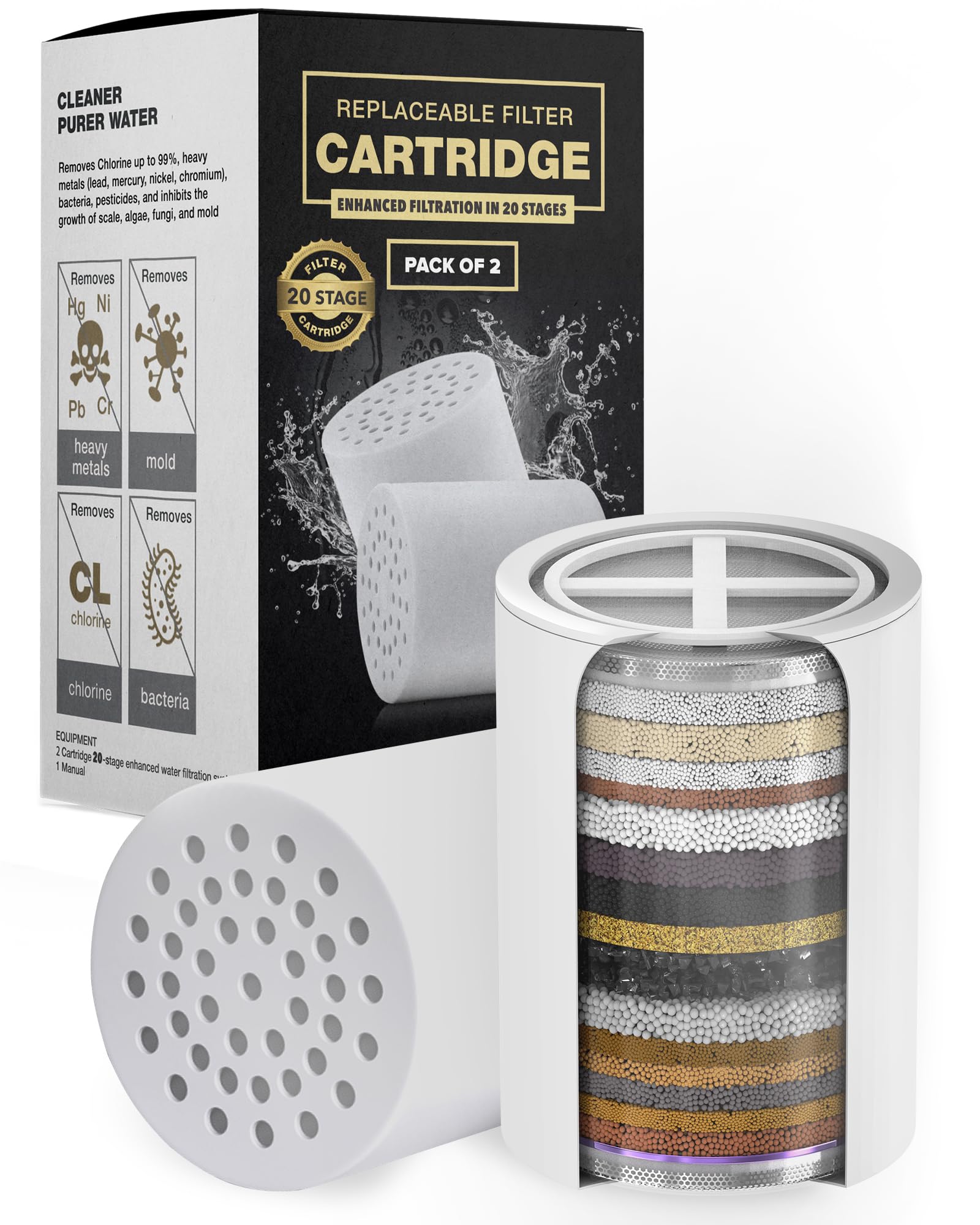 AquaHomeGroup 20 - Stage Replacement Premium Filter Cartridge 2-Pack (No Housing), Compatible with Any Shower Filter of Similar Design 15 and 20 Stages