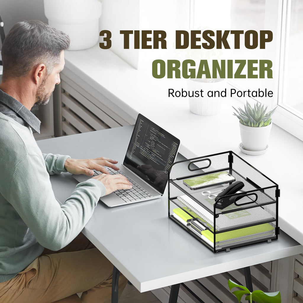 Daltack 3-Tier Paper Organizer with Handle, Mesh Desk Organizer Letter Tray, Paper Tray Organizer File Organizer for A4 File Folder，Black