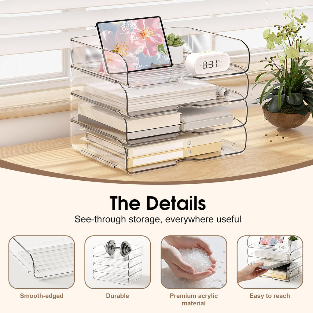 File Organizer Large-Capacity Desk Organizer, Clear Stackable & Acrylic Paper Tray Transparent Paper Organizer Easy Access for Home Office & School