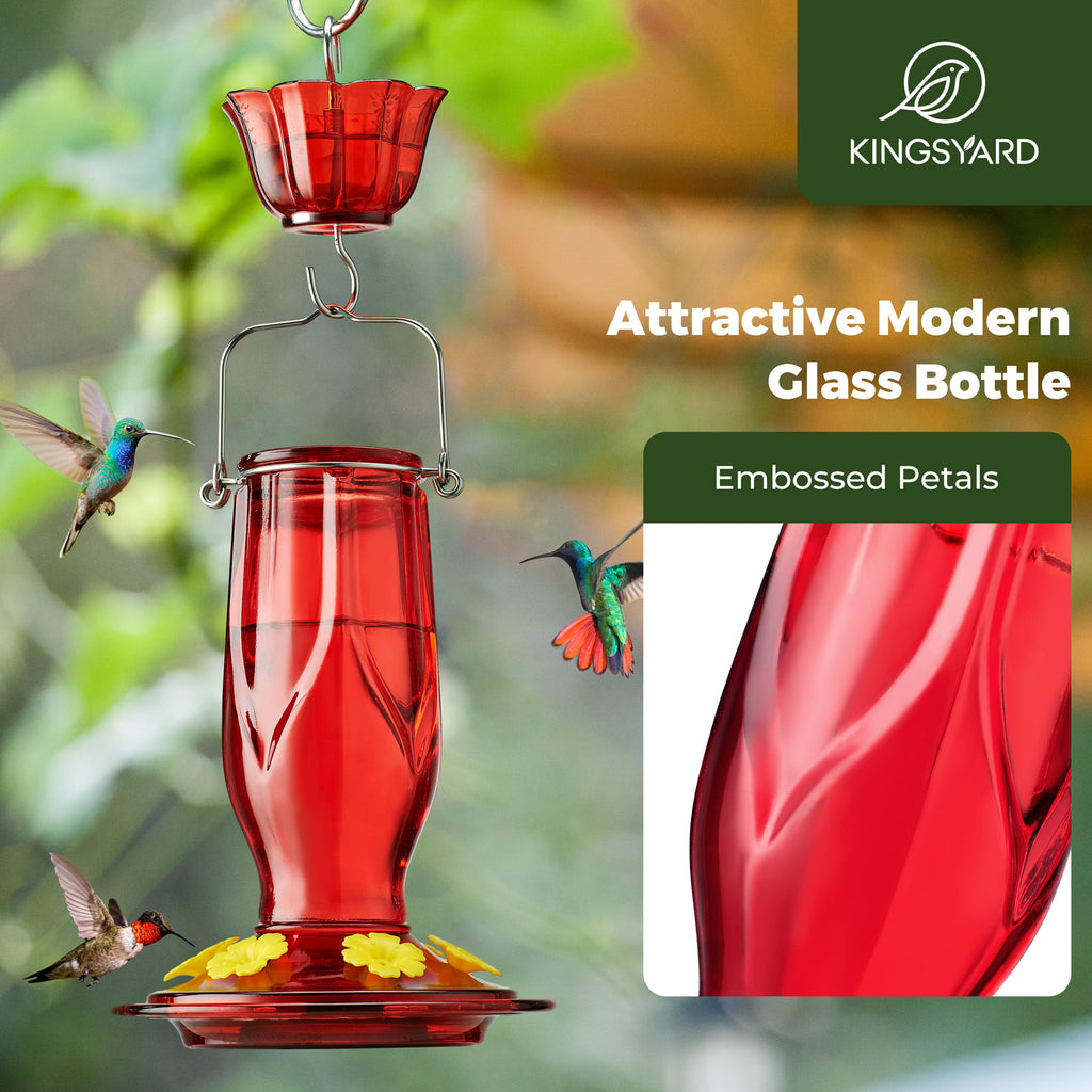 Kingsyard Glass Hummingbird Feeder 6 Feeding Ports, Hanging Bird Nectar Feeder 16 Ounces, Rustproof, Leakproof, Garden Backyard Decor, Ant Moat Included, Deep Red