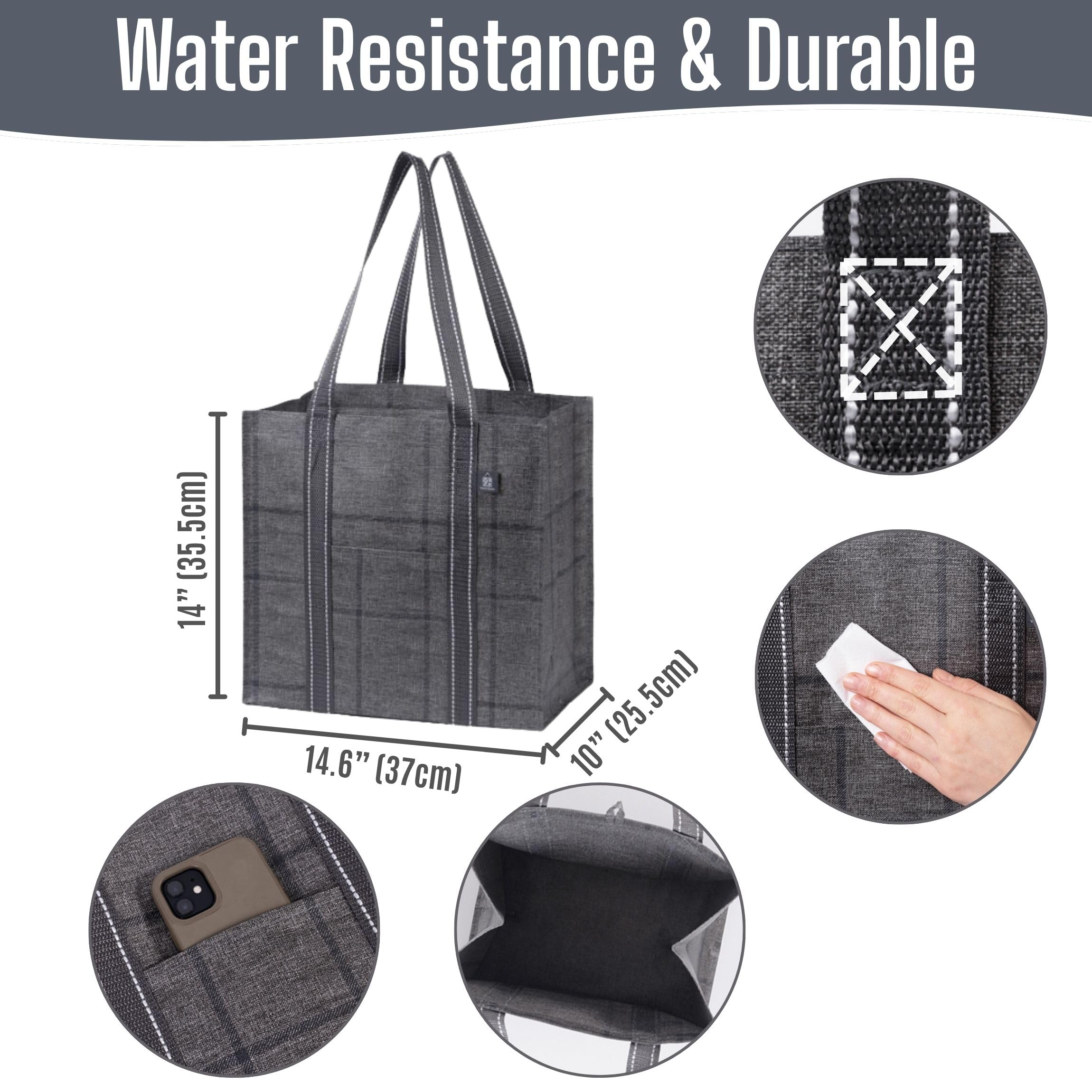 VENO 4 Pack Reusable Grocery Shopping Bags Foldable, Sac Reutilisable Epicerie, Grocery Tote Bags w/Hard Bottom, Multipurpose Utility Tote Bags (Windowpane, 4 Pack)