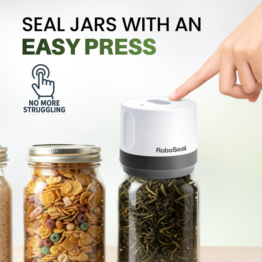 RoboSeal Rechargeable Mason Jar Vacuum Sealer for Mason Jars Wide and Regular, One Touch Vacuum Sealer for Jars, 10 Lids Included, Digital Battery Indicator, As Seen on TV