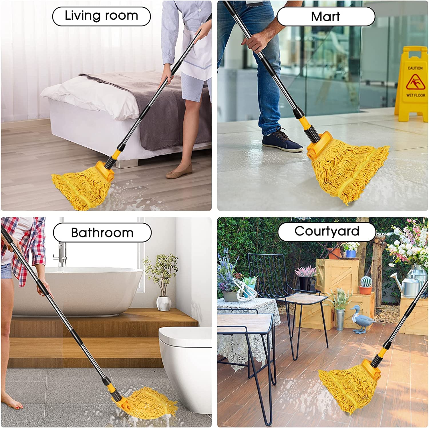 Almcmy Commercial Mop, Heavy Duty Industrial Mop with 2 Replacement Heads, 57" Long Handle, Looped-End String Wet Mops for Floor Cleaning, Janitorial Mops for Home Kitchen Garage Workshop Warehouse
