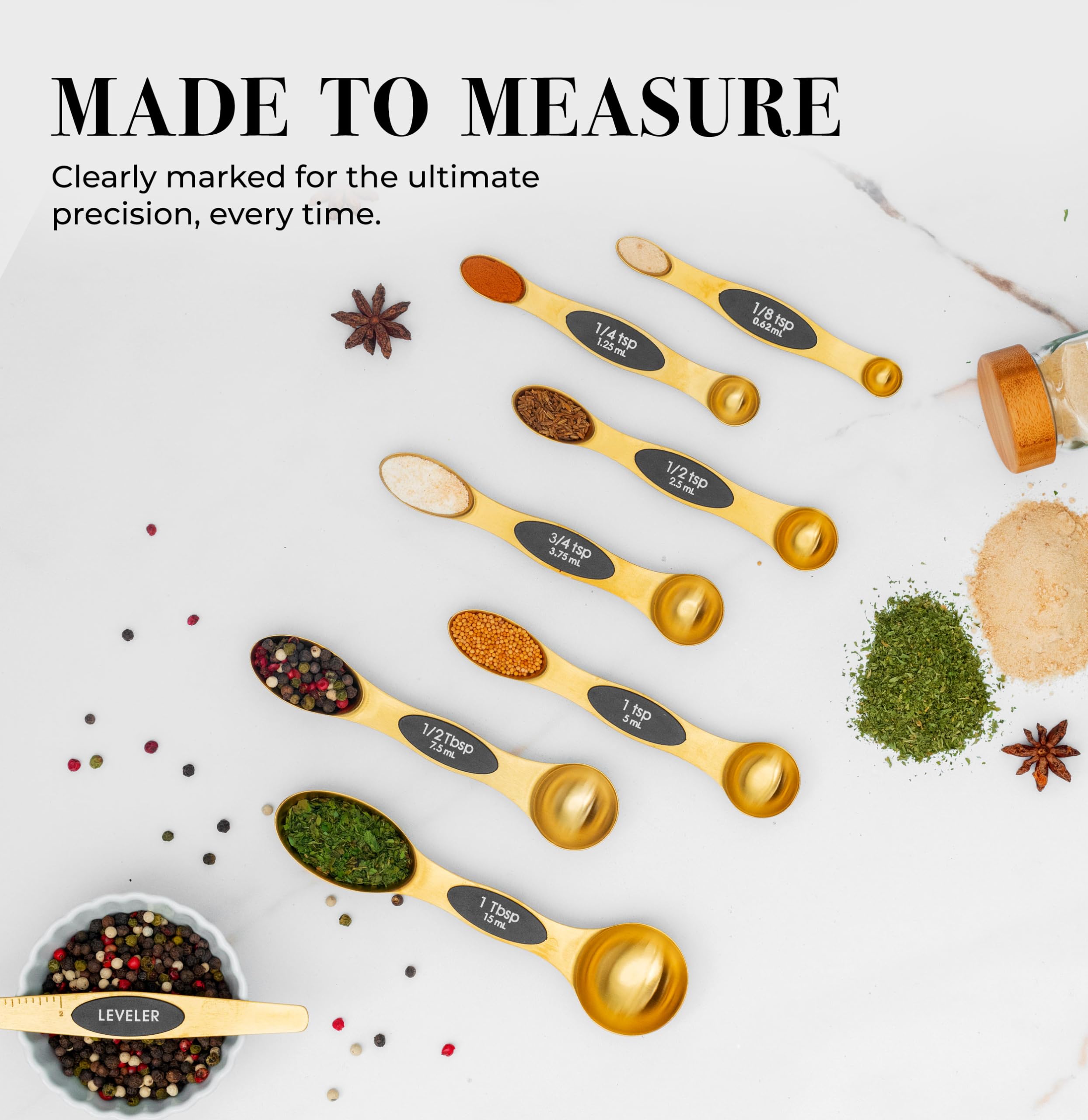 Magnetic Measuring Spoons Set - Stainless Steel Measuring Spoons - Magnetic Measuring Spoon Set, Gold Measuring Spoons Magnetic, Cute Measuring Spoons for Cooking & Baking