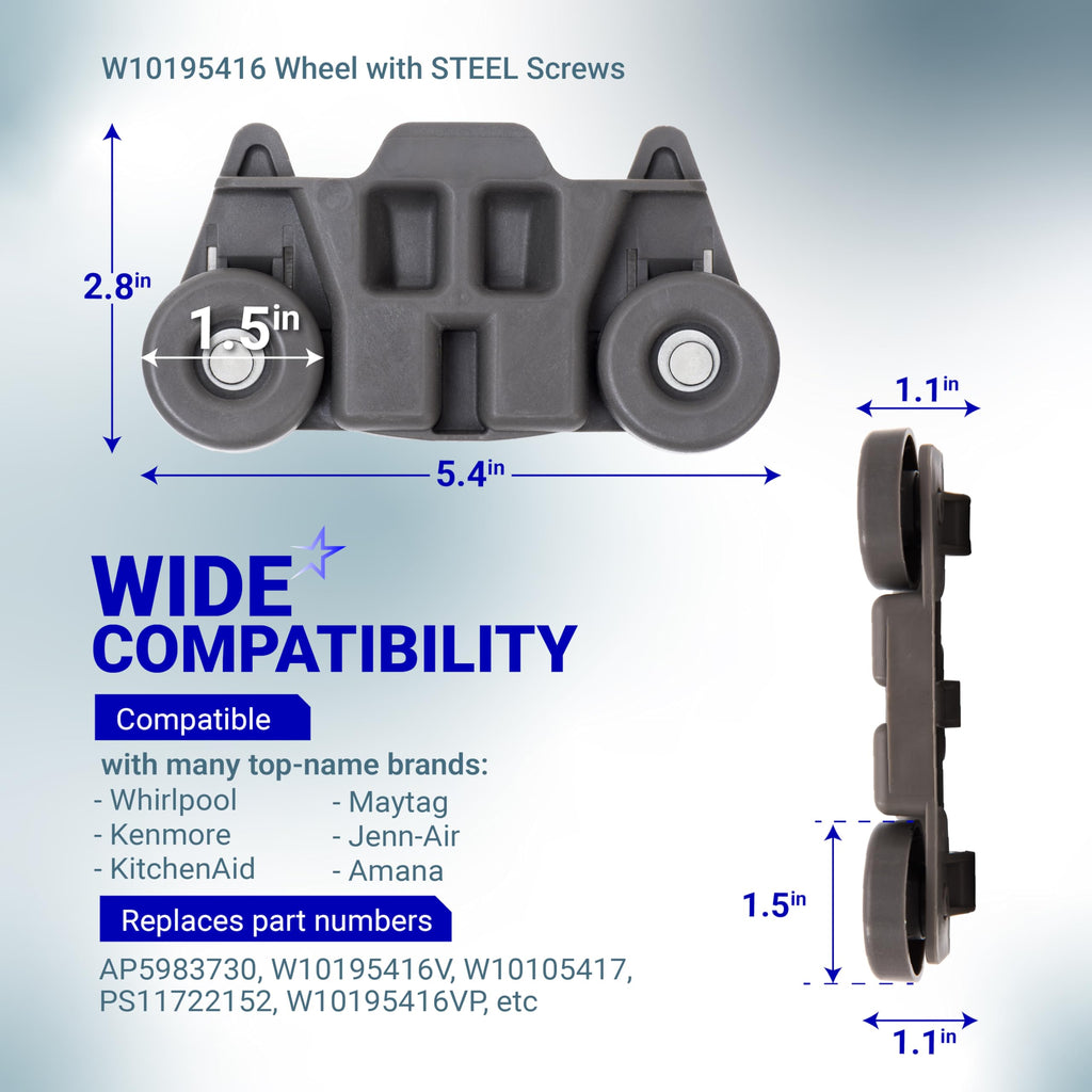 [UPGRADED] Ultra Durable W10195416 Lower Dishwasher Wheel Replacement by Blue Stars - Exact Fit for Whirlpool Kenmore Dishwasher- PACK OF 4 - Enhanced Durability with Steel Screws
