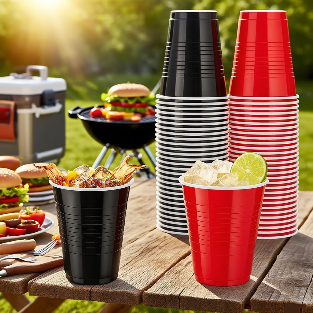 120 Count 18 oz Plastic Cups Black and Red Disposable Cups Heavy Duty Party Cups Beer Drinking Cups Bulk for Birthday Wedding Graduation Picnic Halloween Christmas Celebrations Everyday Use