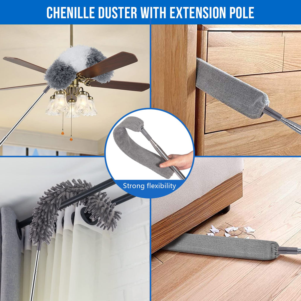 UIMO® Dusters for Cleaning, Retractable Microfiber Gap Dust Cleaner with Extension Pole 30'' to 100'', Reusable Long Handle Feather Duster Kit for Cleaning High Ceiling Fan, Furniture, Blinds