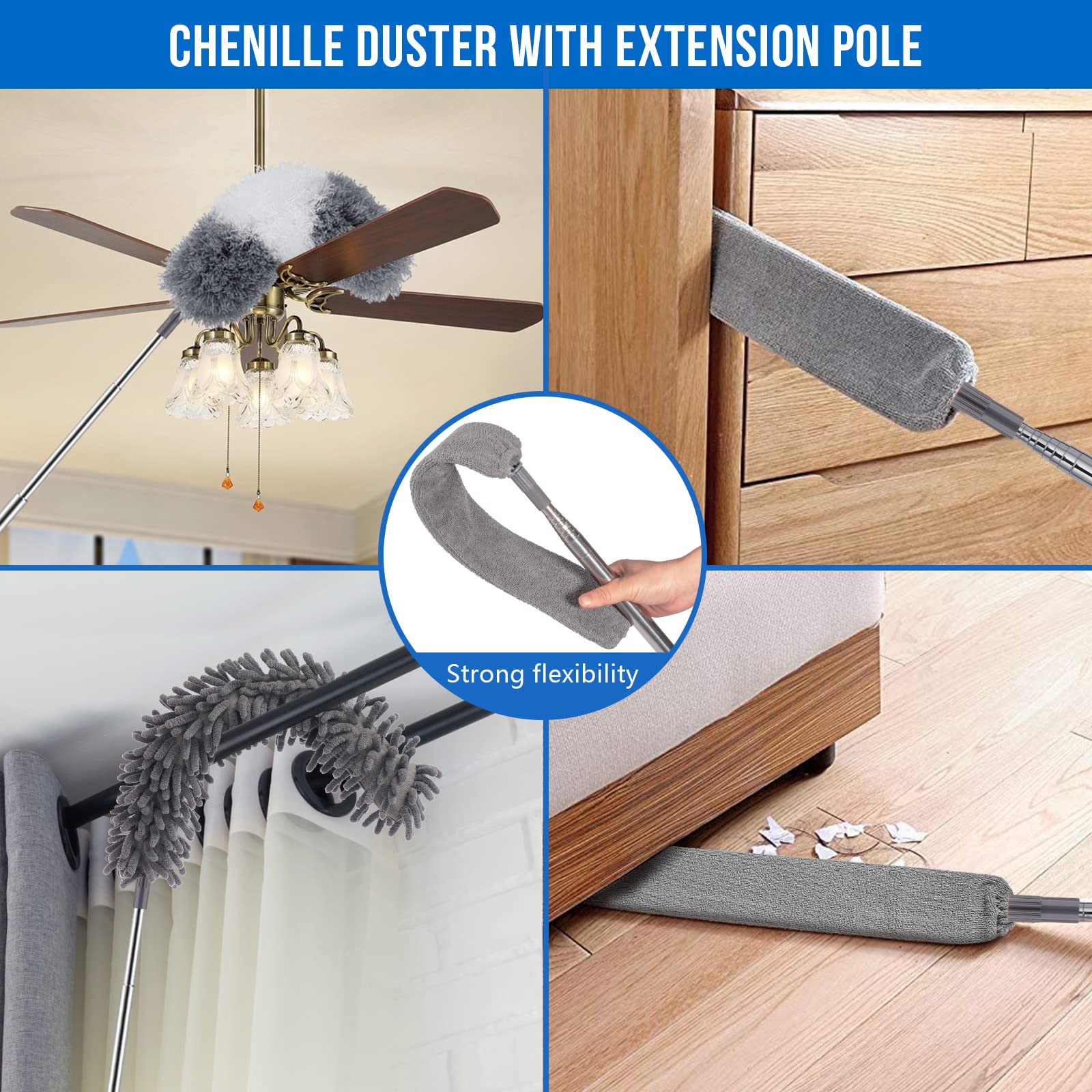 UIMO® Dusters for Cleaning, Retractable Microfiber Gap Dust Cleaner with Extension Pole 30'' to 100'', Reusable Long Handle Feather Duster Kit for Cleaning High Ceiling Fan, Furniture, Blinds