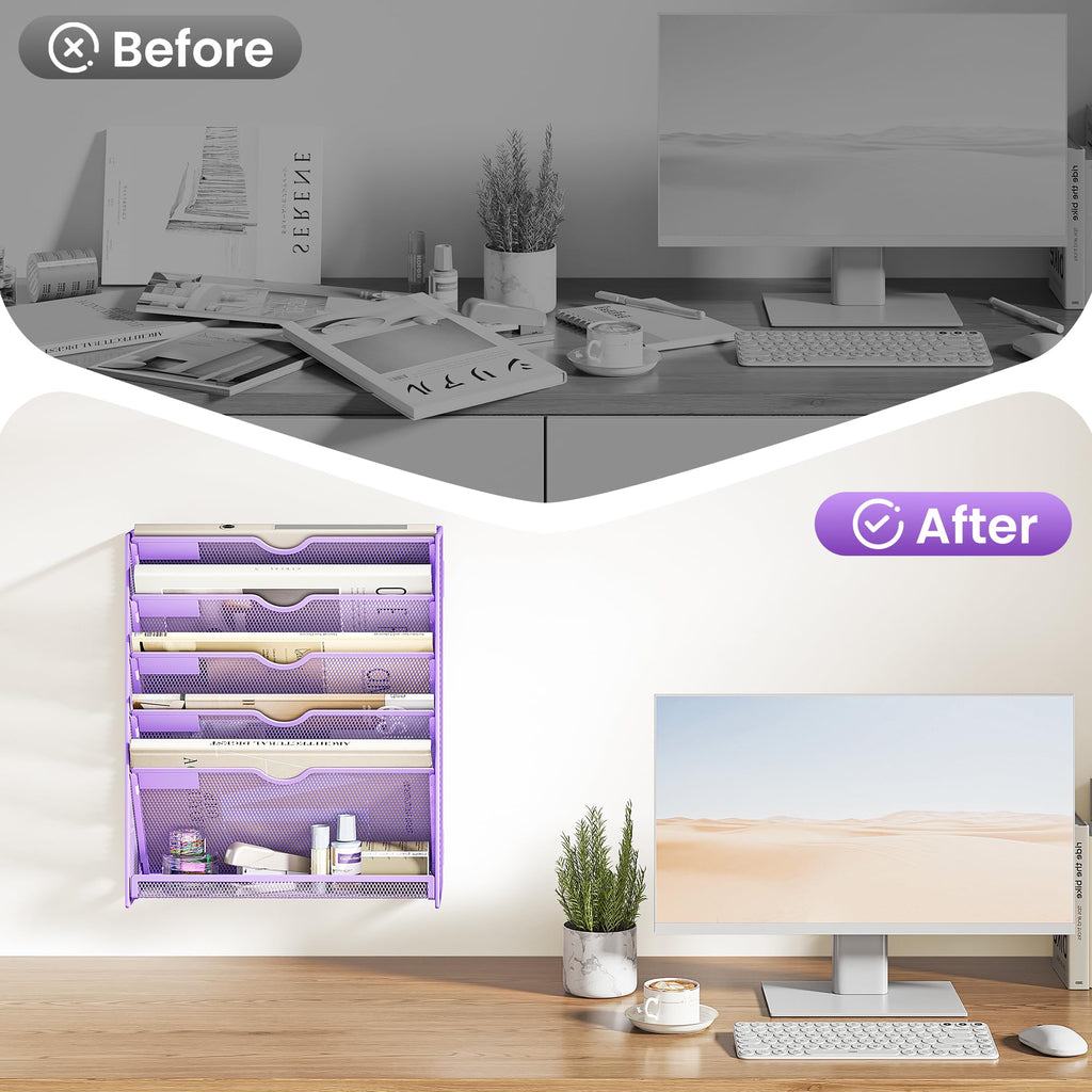 SUBEKYU File Organiser, 6-Tier A4 Wall Mounted Magazine File Holder for Mails Folders Papers, Vertical Document Organiser for Office Home - Purple