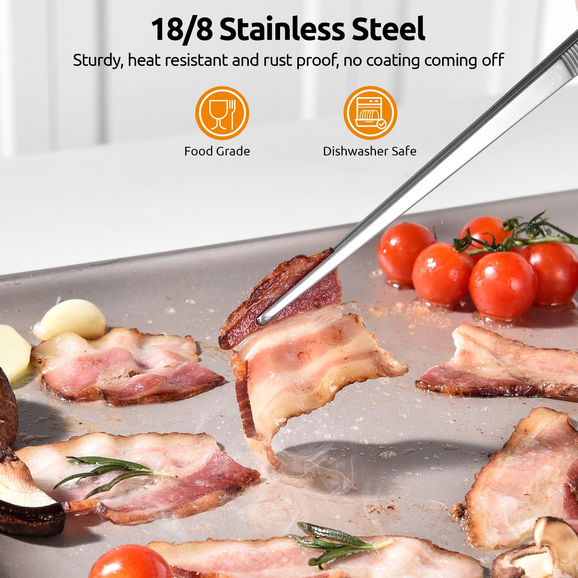U-Taste 12" Kitchen Tweezer Tongs Set: 18/8 Stainless Steel Food-Grade Metal Cooking Tong, Flexible Pinching, Seamless-Welding, Non-Slip for Serving, Grilling, Frying, Feeding (Round & Pointed Tip)
