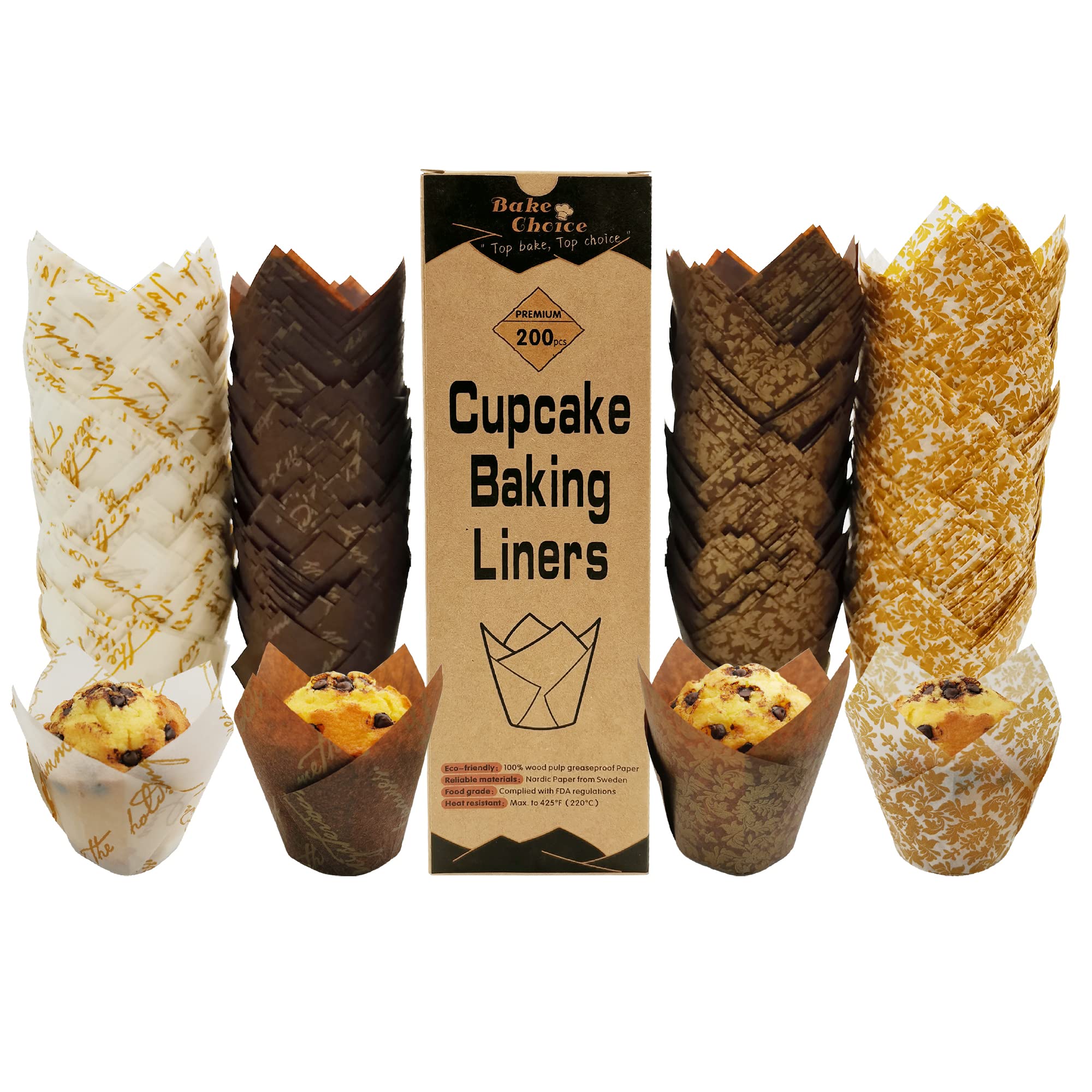 Bake Choice Nordic Paper Tulip Cupcake Liners for Baking - 200pcs Four Fancy Designs, Standard Size, Parchment Paper Muffin Liners for Party, Christmas