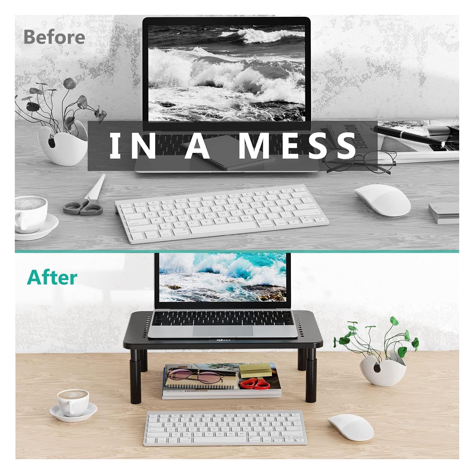 WALI Dual Monitor Stand for Desk, Desk Monitor Riser 3 Height Adjustable, Laptop Riser with Airflow Vents, Desk Organizer for Computer, Laptop, Printer, Notebook (STT003-2), 2 Pack, Black