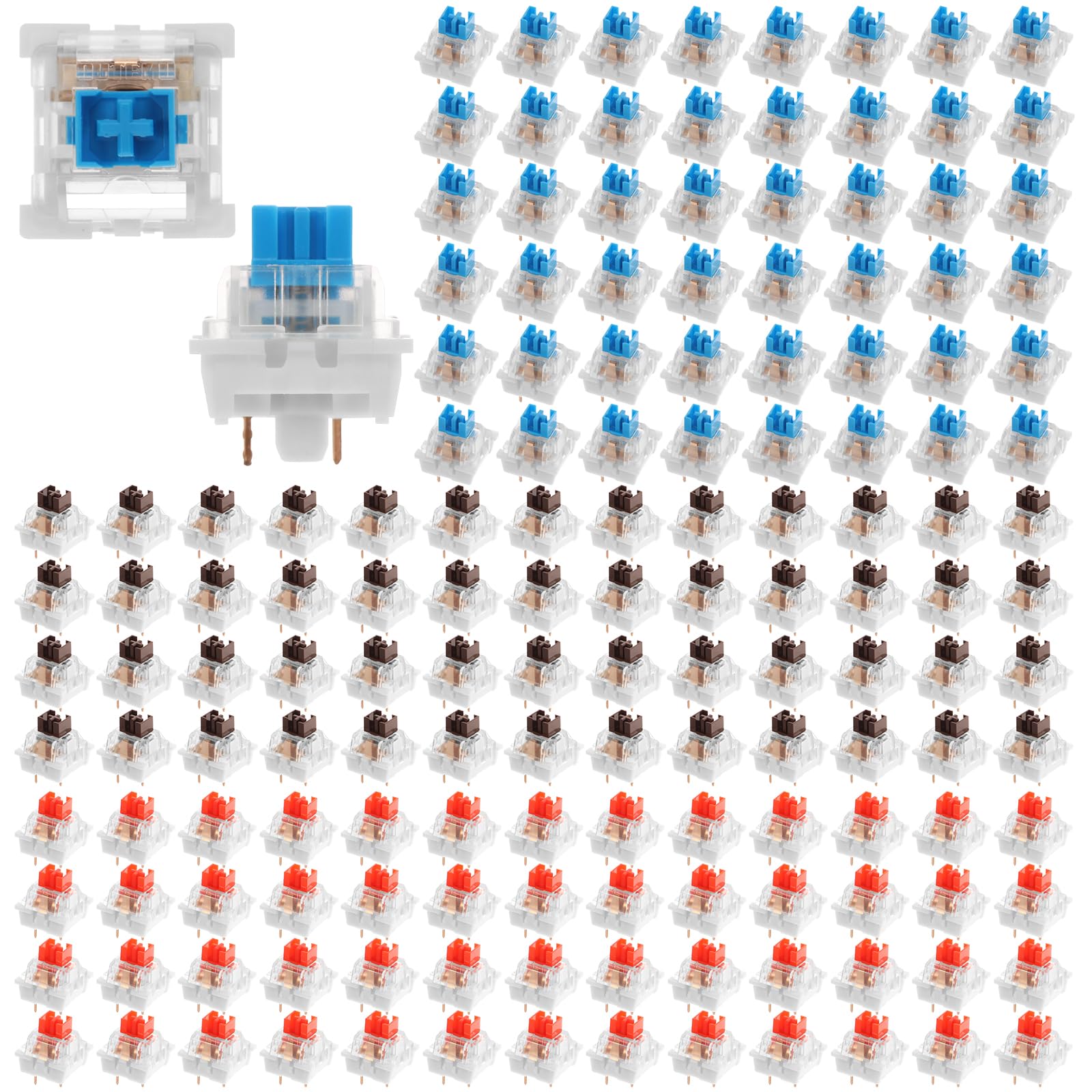 Tzdxfgl 150 PCS Mechanical Keyboard Switches, 3 PIN Blue Red Brown Tactile Switches, Dustproof Clicky Switch, Keyboard Clicker Keys Replacement for Mechanical Gaming Keyboards and Typing