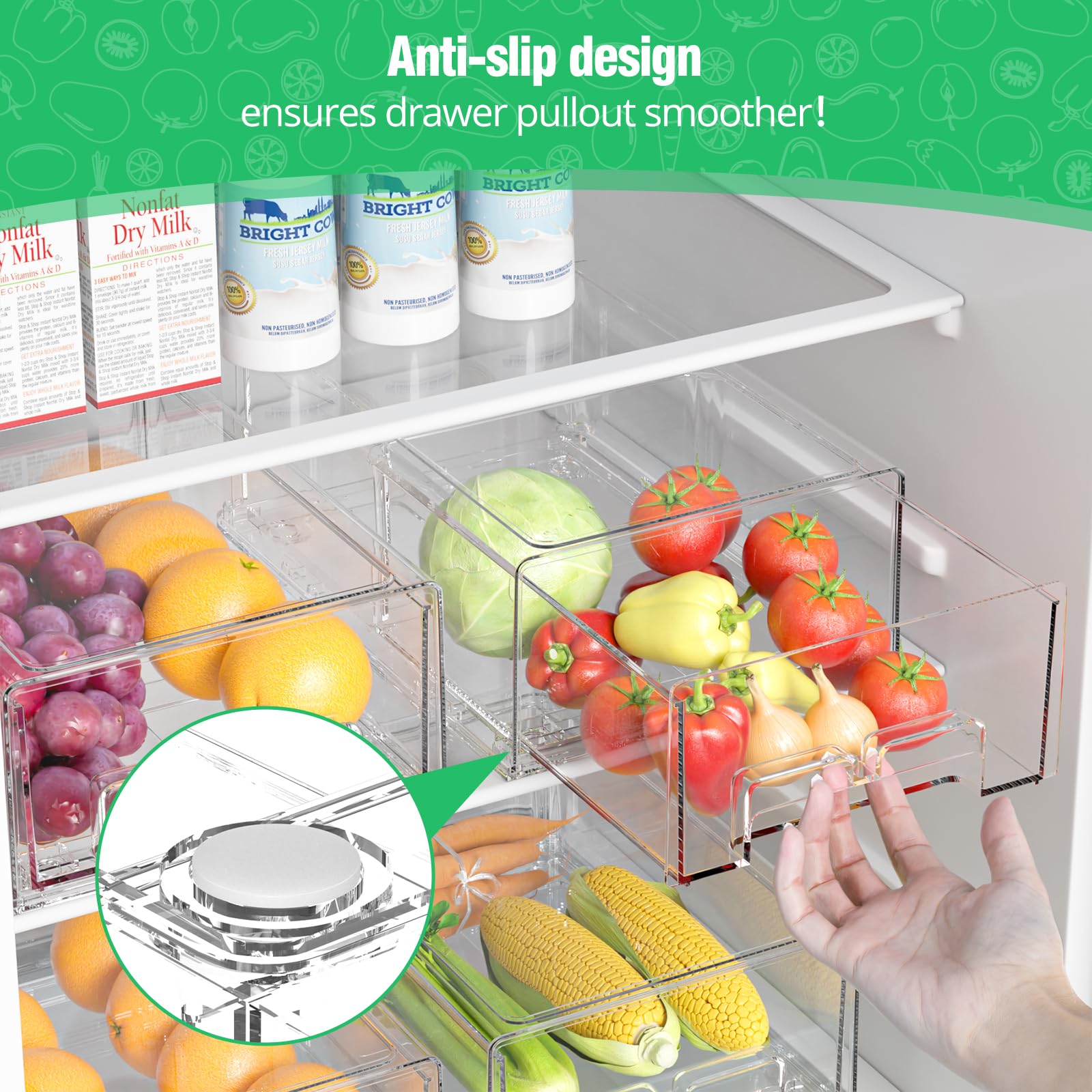 damynuo 2 Pack Refrigerator Drawers - Fridge Organizer Bins Stackable Storage Drawers, Clear Refrigerator Organizing Containers Pull Out Drawer for Fruit, Vegetable Storage and Keep Fresh