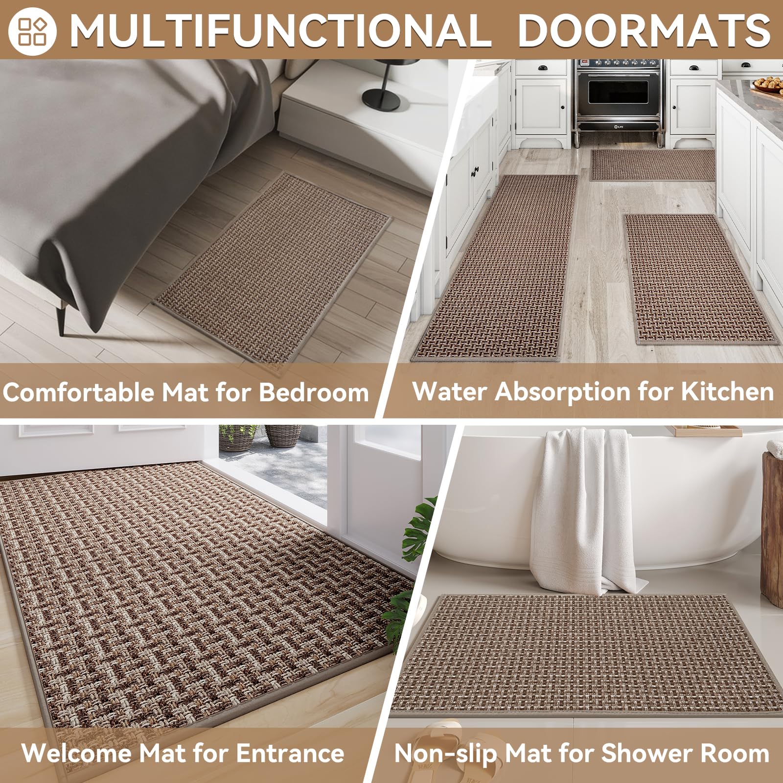Door Mat 17"x30", Door Mat Indoor Entrance Dirt Resistant and Absorbent, Non-Slip Rubber Backing Front Door Mats, Easy Clean Low-Profile Doormat for Entryway, Front Door, Inside Entrance, Brown