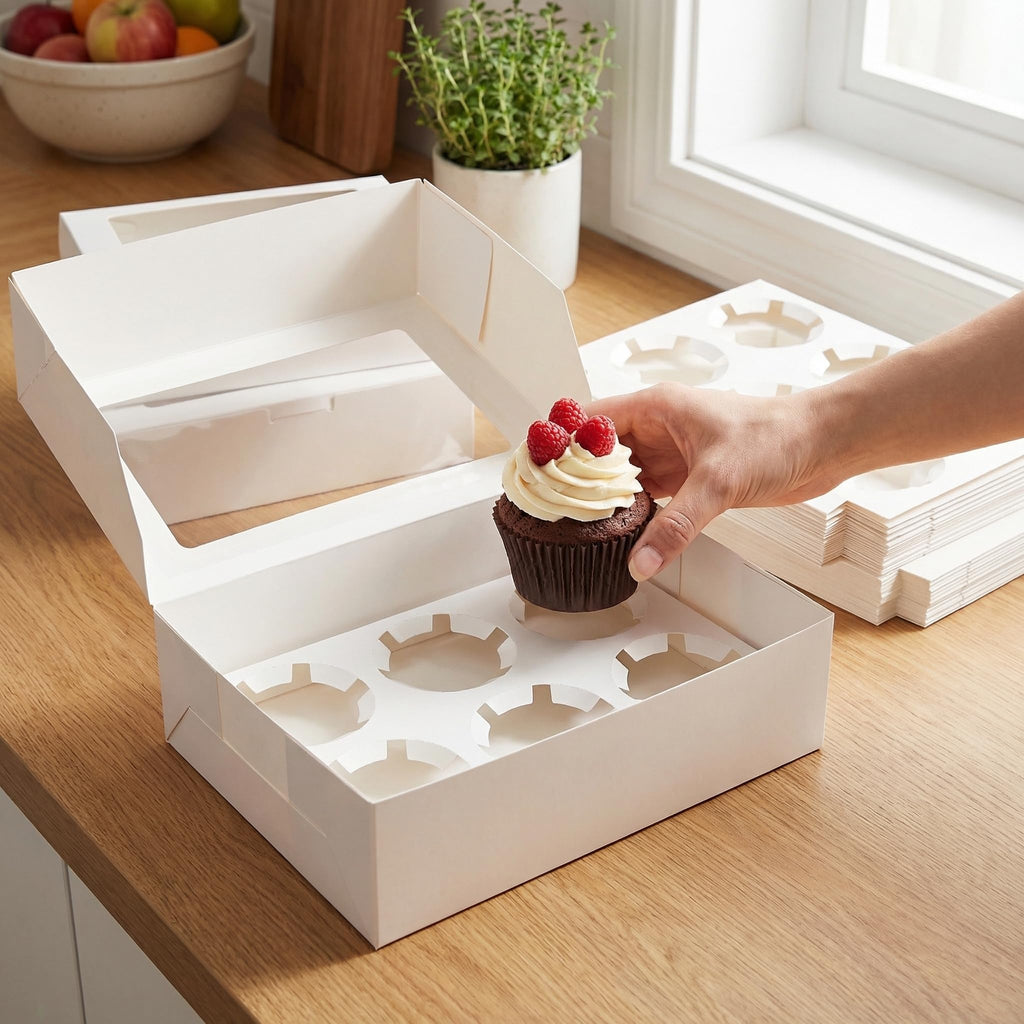 Jucoan 50 Pack Cupcake Box with Insert and Window Hold 6 Standard Cupcakes Muffins, Food Grade Cupcake Carrier Container, White Bakery Package Box for Pastry, Cookies, Small Cake, Party Dessert